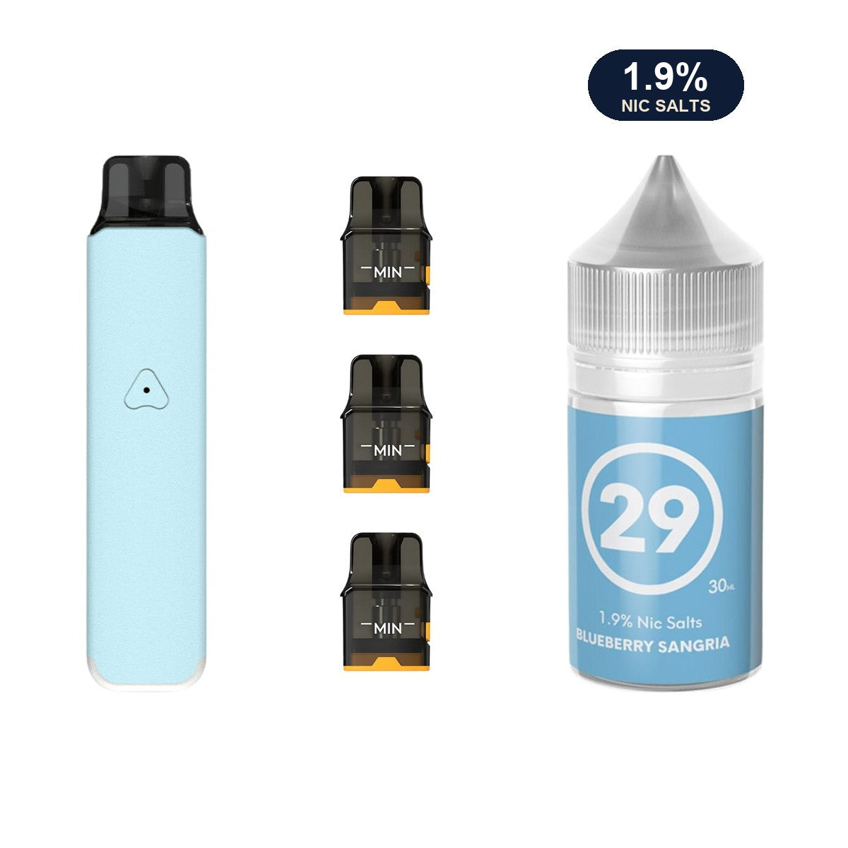 AirsPops Pro LITE bundle: Aqua Blue device, refillable pods and 313 Blueberry Sangria 1.9% e-liquid