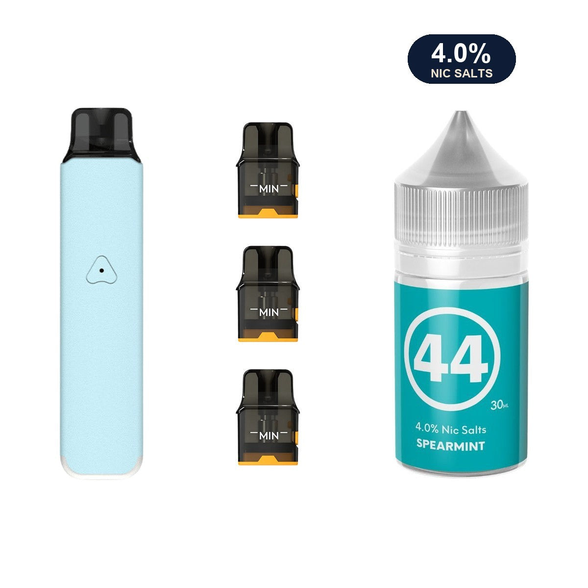 Aqua Blue AirsPops Pro LITE device, three refillable pods and 313 #44 Spearmint e-liquid