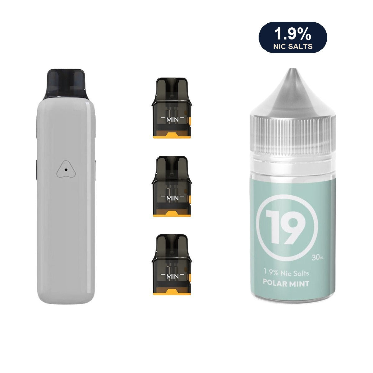 AirsPops Pro II bundle: Glossy Grey device, refillable pods and 313 Polar Mint 1.9% e-liquid