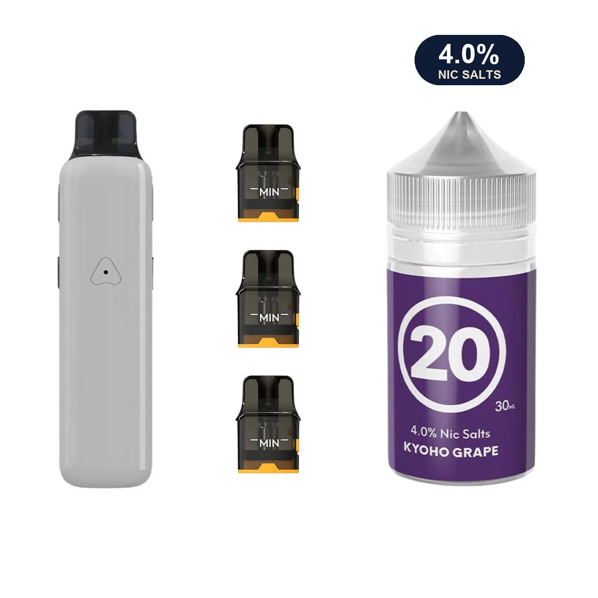 Glossy Grey AirsPops Pro II device, three refillable pods and 313 #20 Kyoho Grape e-liquid