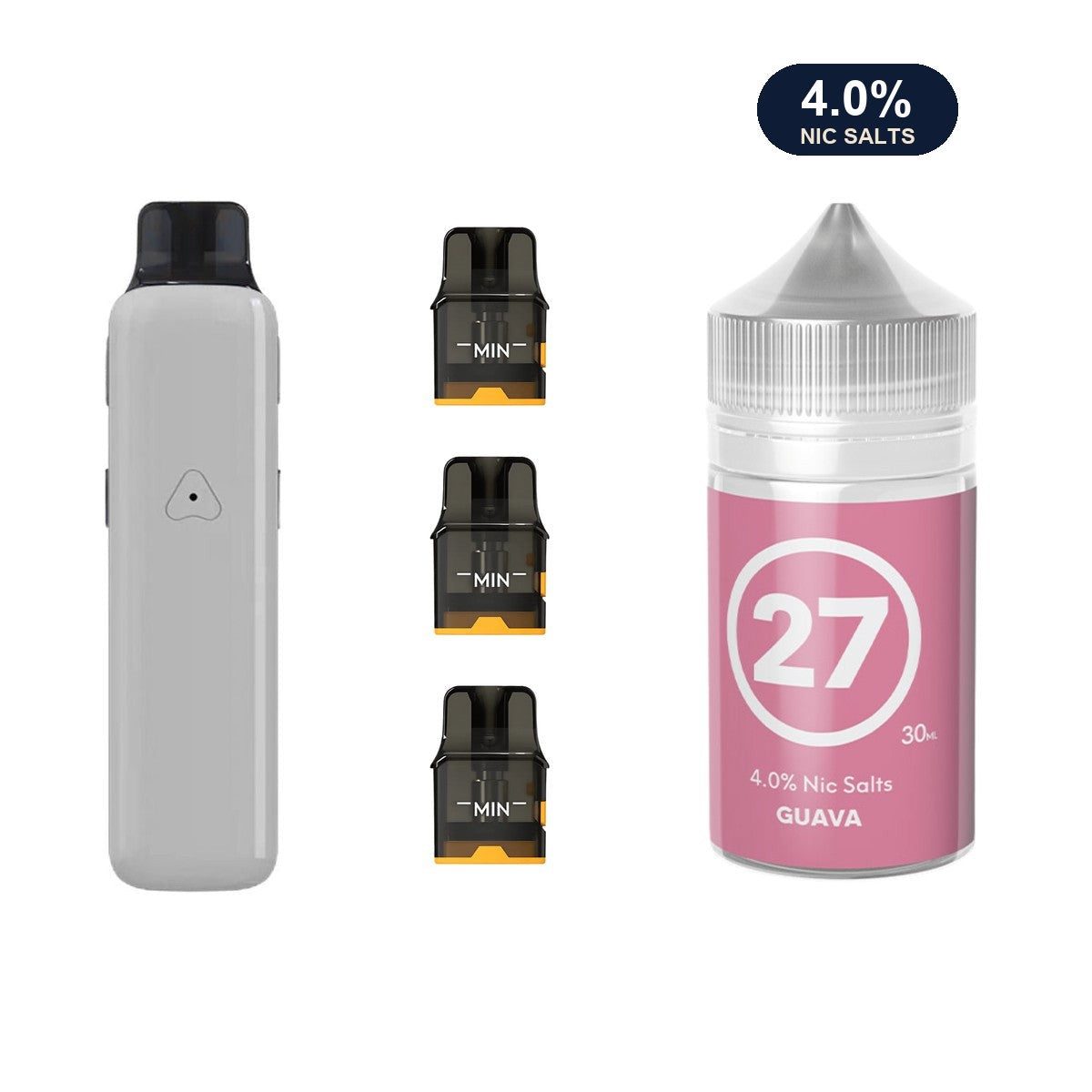Glossy Grey AirsPops Pro II device, three refillable pods and 313 #27 Guava e-liquid