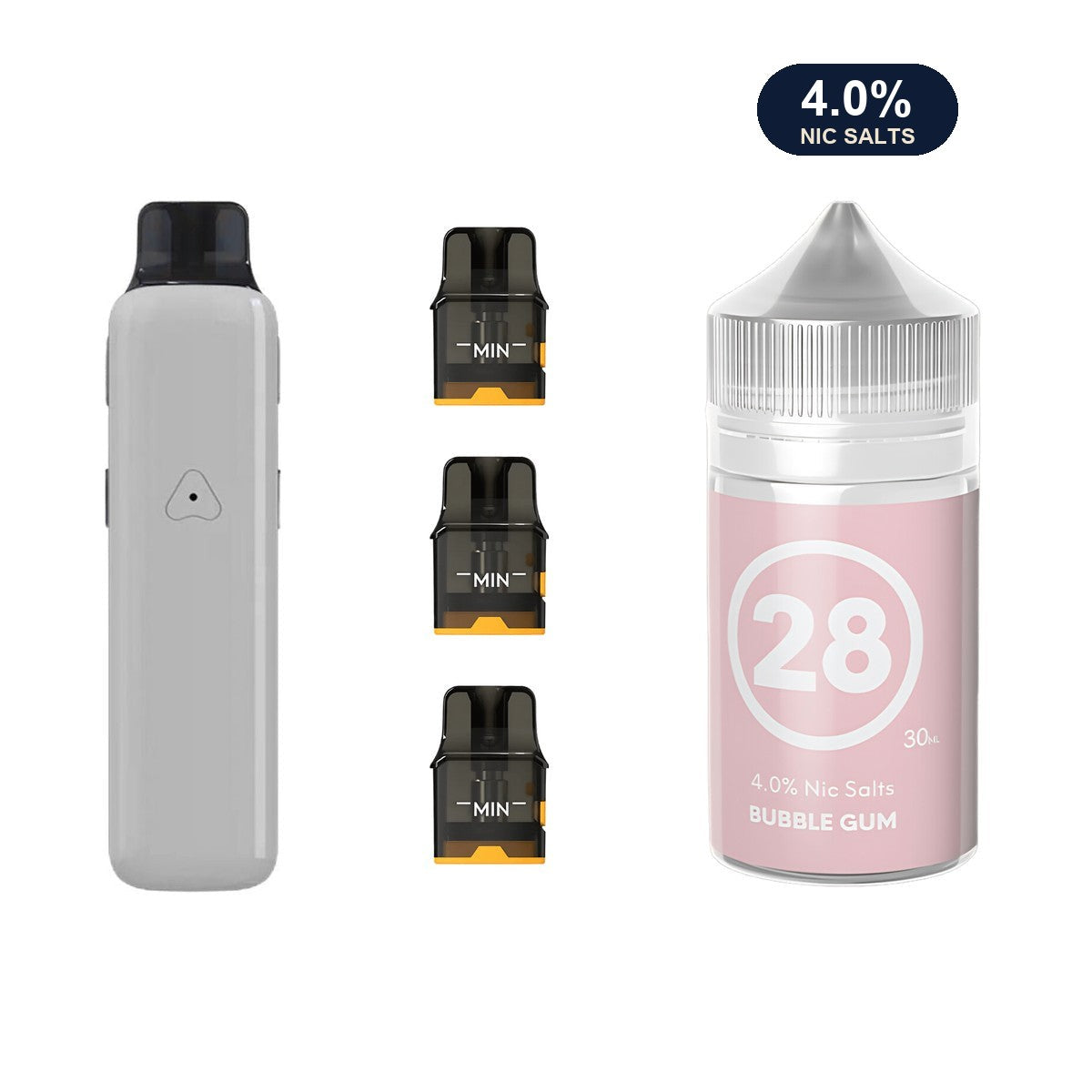 Glossy Grey AirsPops Pro II device, three refillable pods and 313 #28 Bubblegum e-liquid
