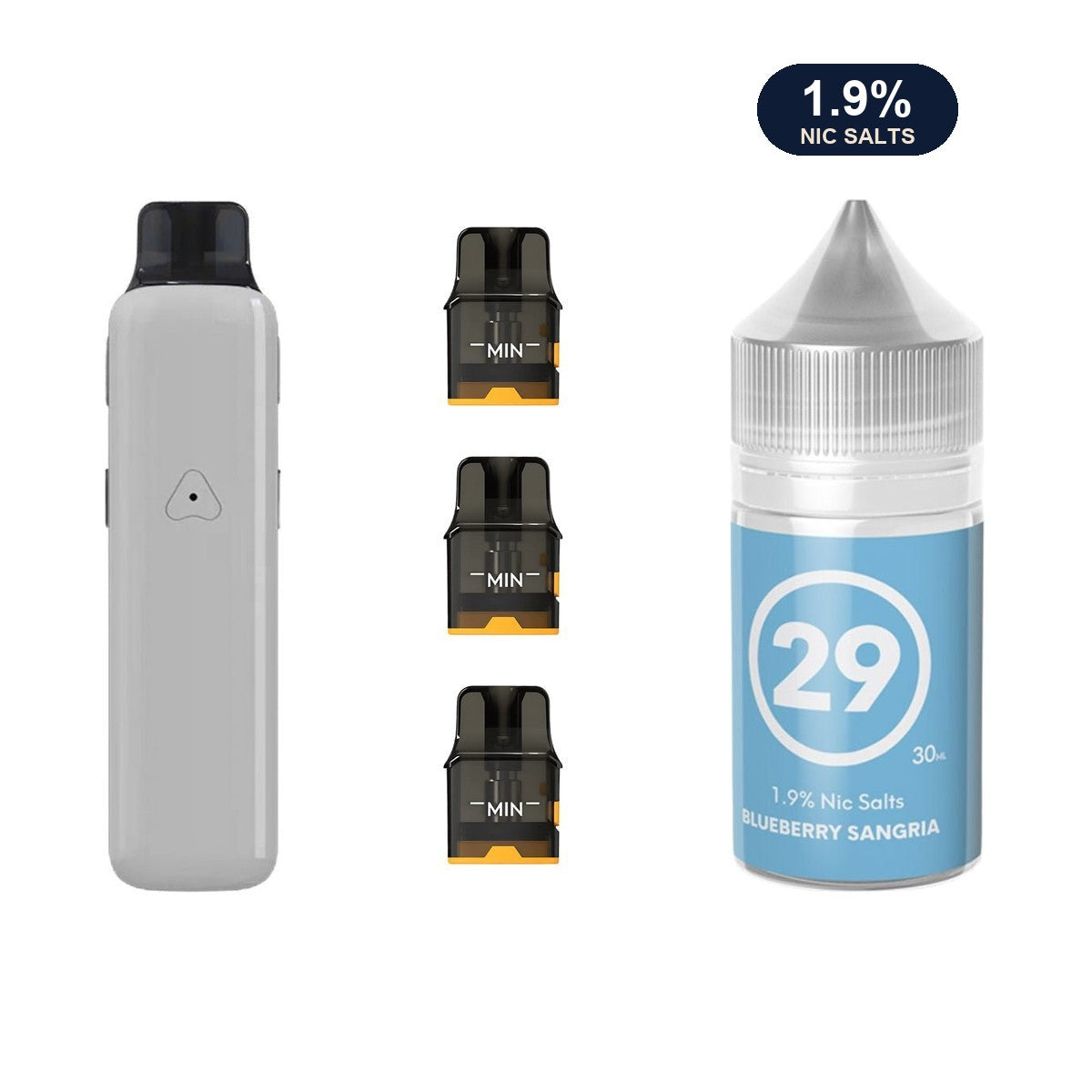 AirsPops Pro II bundle: Glossy Grey device, refillable pods and 313 Blueberry Sangria 1.9% e-liquid