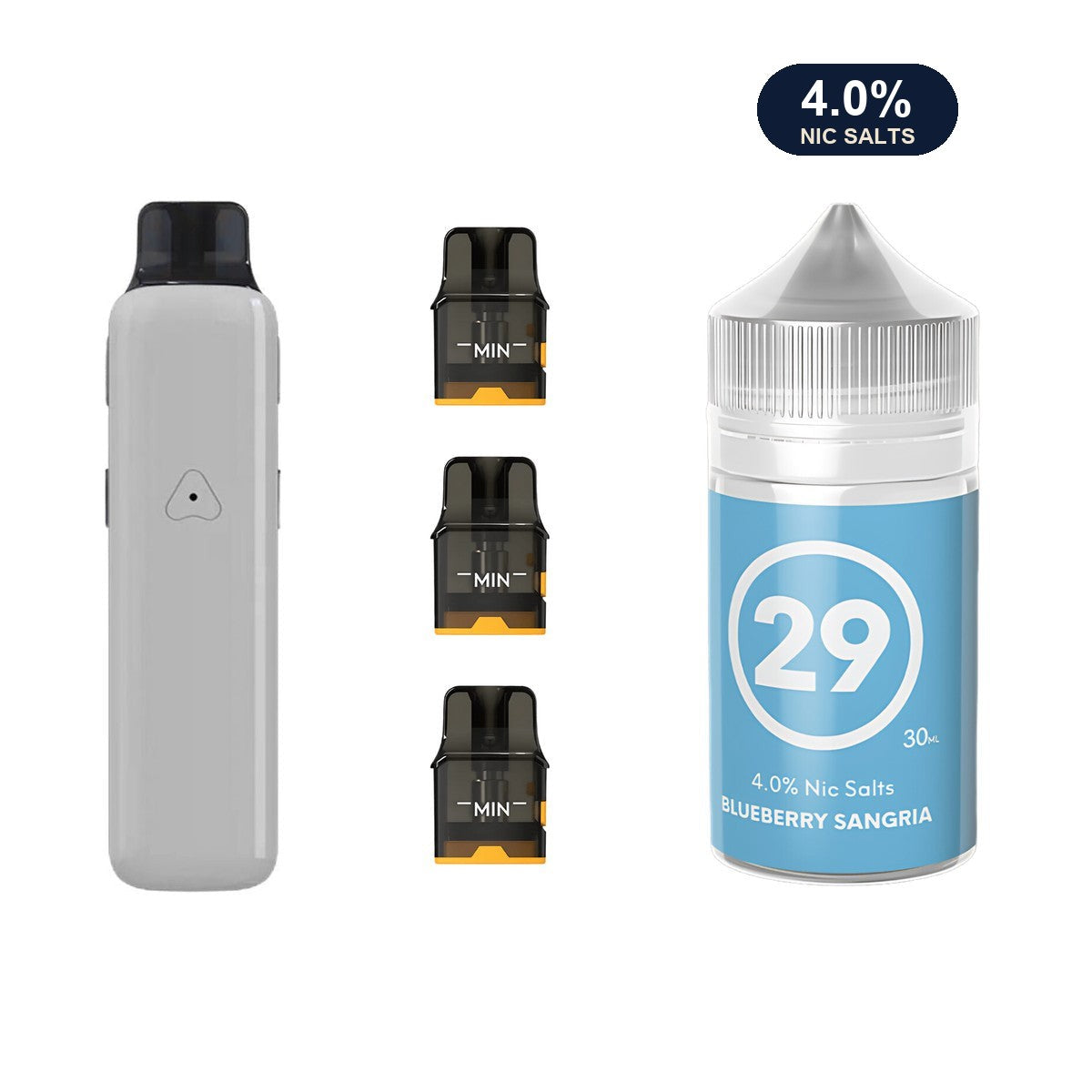 Glossy Grey AirsPops Pro II device, three refillable pods and 313 #29 Blueberry Sangria e-liquid