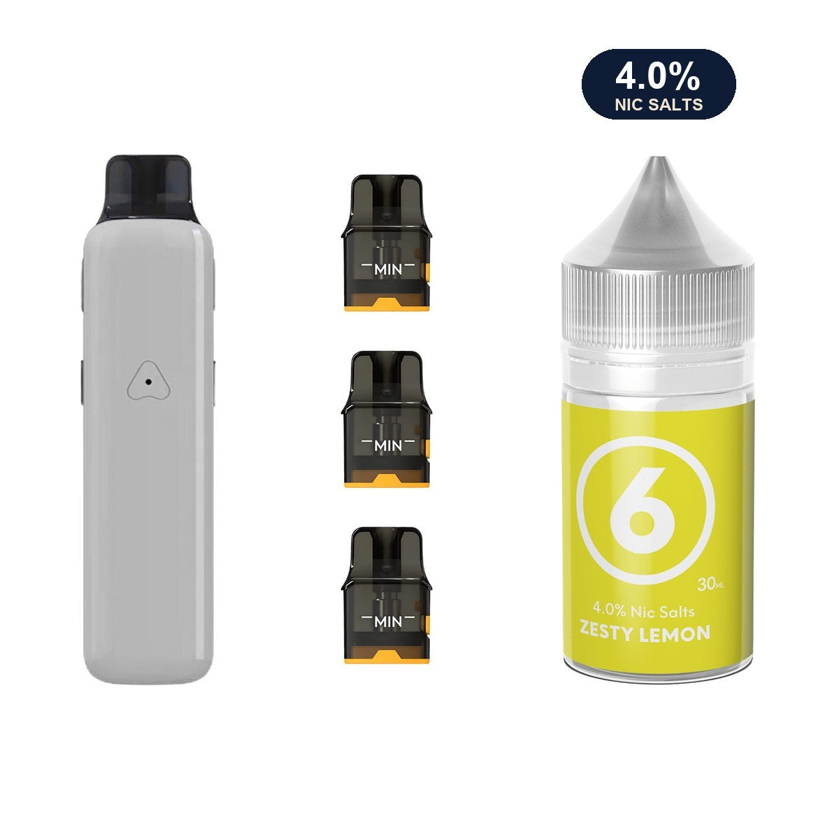 Glossy Grey AirsPops Pro II device, three refillable pods and 313 #6 Zesty Lemon e-liquid