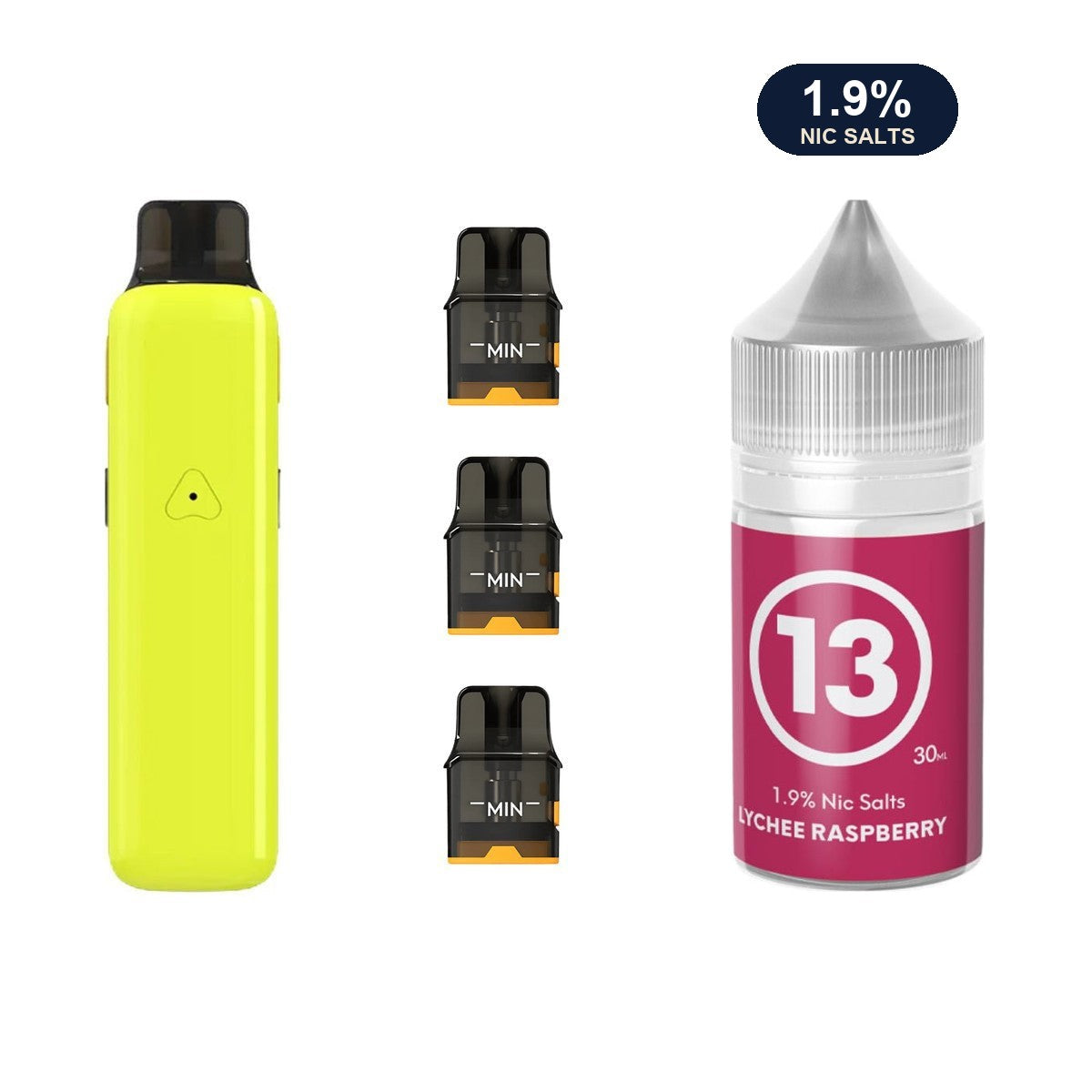 AirsPops Pro II bundle: Glossy Yellow device, refillable pods and 313 Lychee Raspberry 1.9% e-liquid