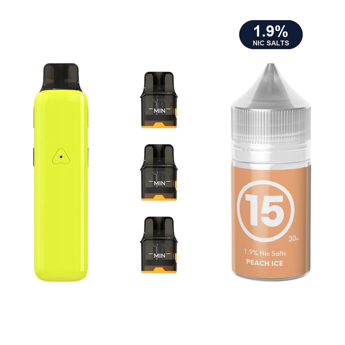 AirsPops Pro II bundle: Glossy Yellow device, refillable pods and 313 Peach Ice 1.9% e-liquid