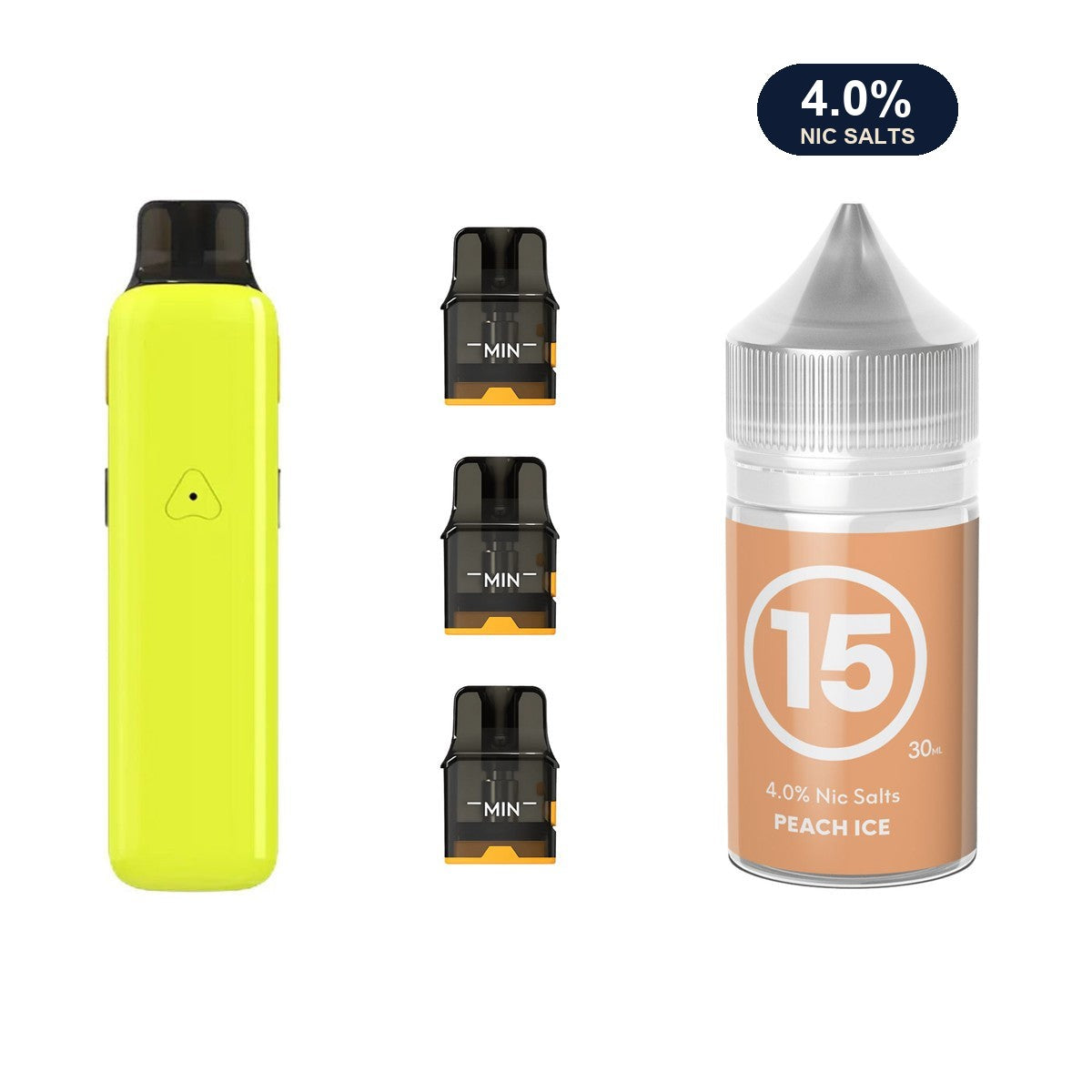 Glossy Yellow AirsPops Pro II device, three refillable pods and 313 #15 Peach Ice e-liquid