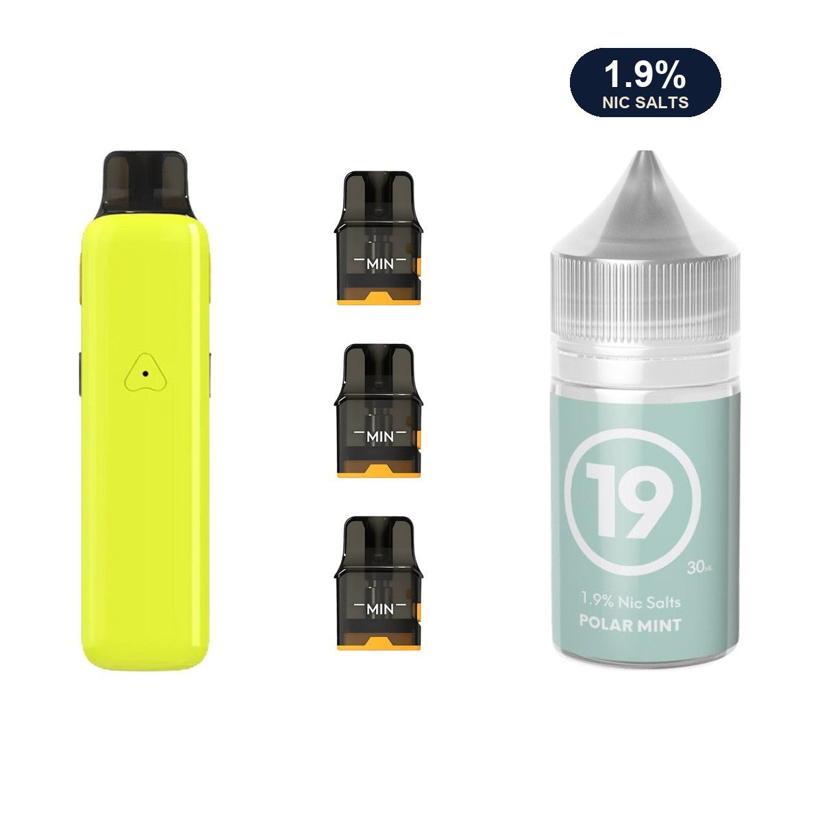 AirsPops Pro II bundle: Glossy Yellow device, refillable pods and 313 Polar Mint 1.9% e-liquid