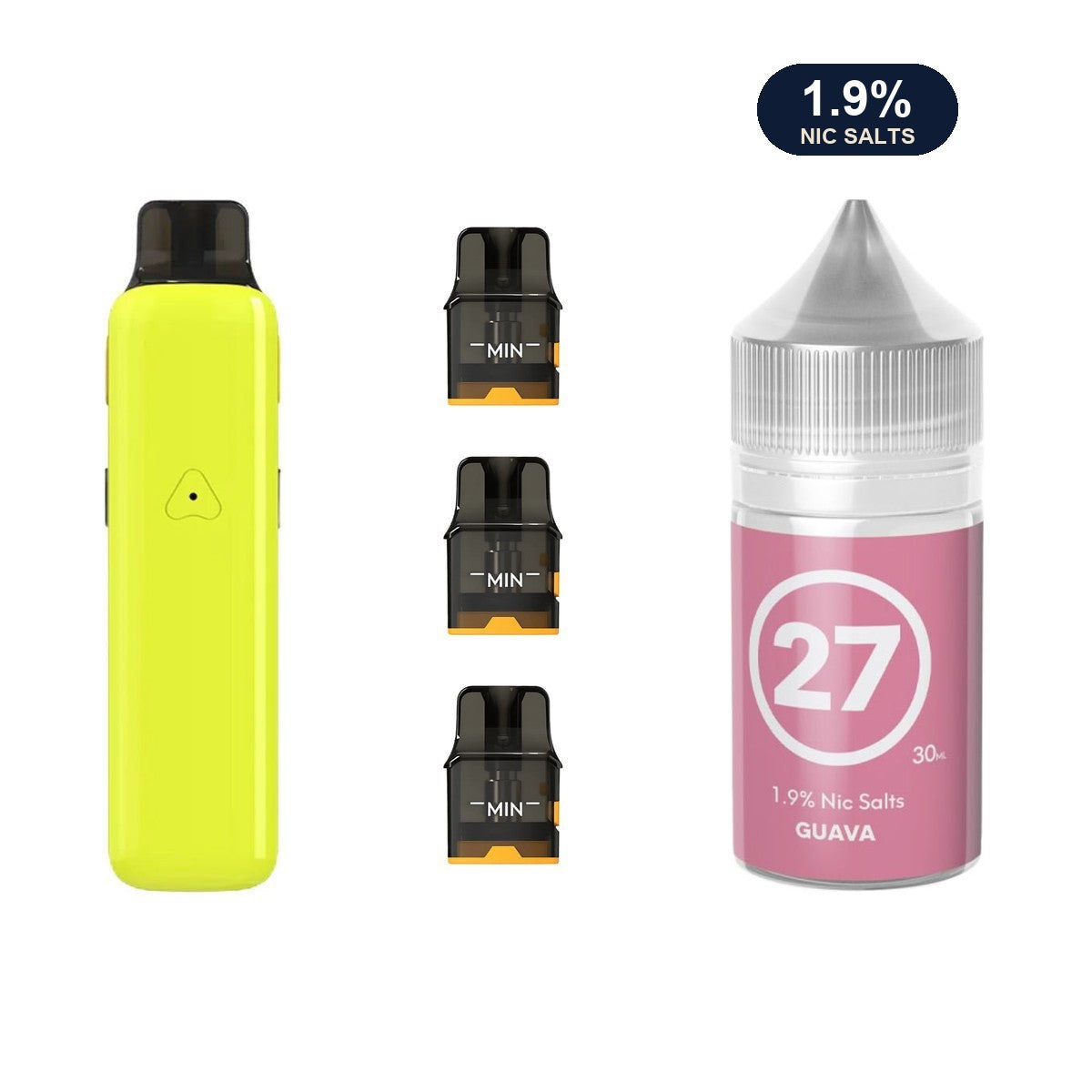 AirsPops Pro II bundle: Glossy Yellow device, refillable pods and 313 Guava 1.9% e-liquid