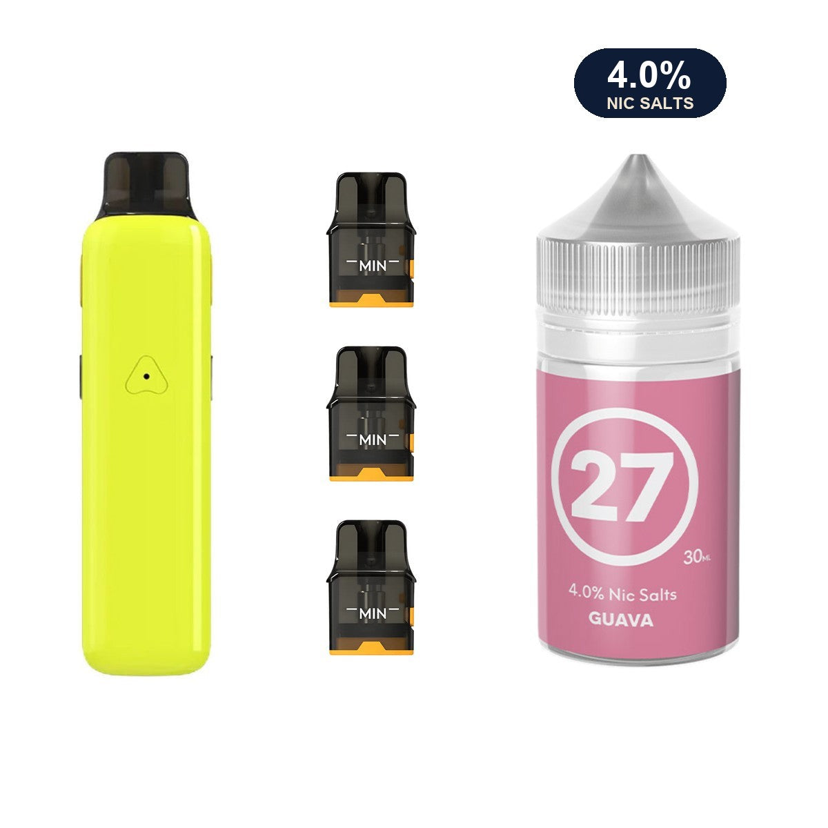 Glossy Yellow AirsPops Pro II device, three refillable pods and 313 #27 Guava e-liquid
