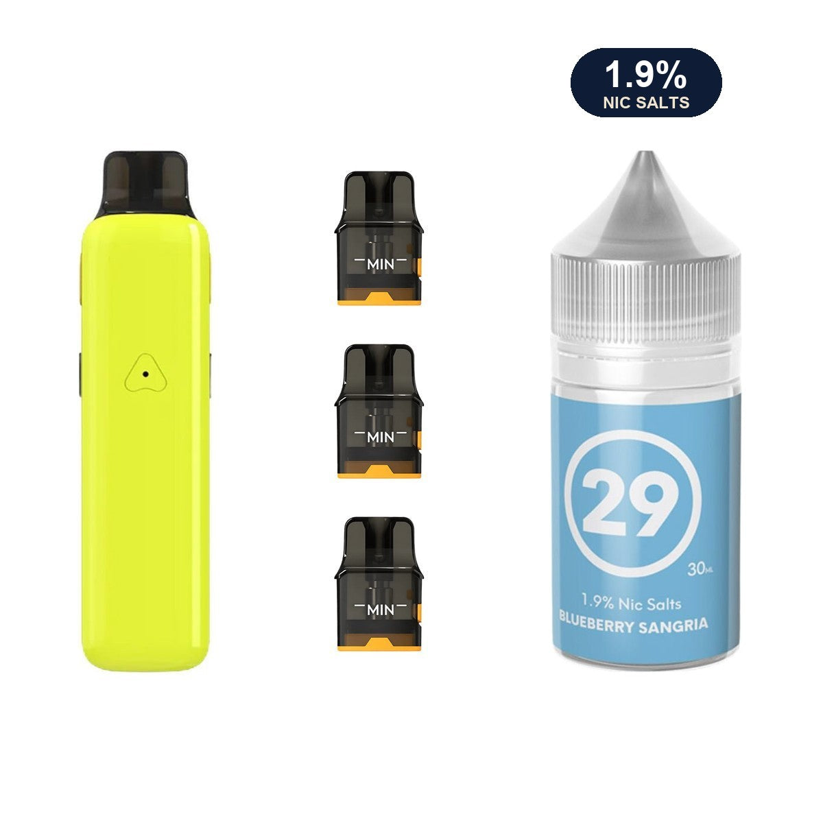 AirsPops Pro II bundle: Glossy Yellow device, refillable pods and 313 Blueberry Sangria 1.9% e-liquid