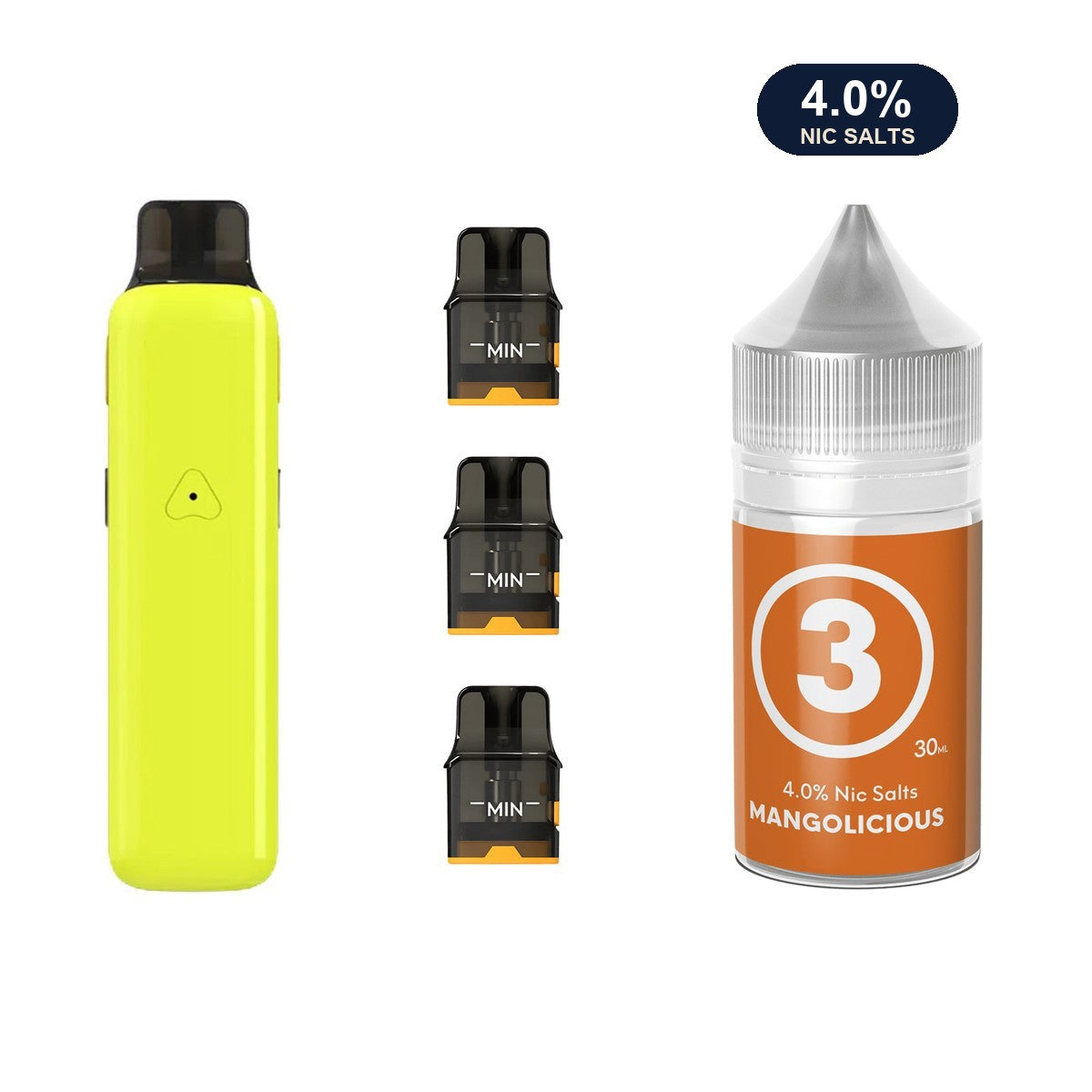 Glossy Yellow AirsPops Pro II device, three refillable pods and 313 #3 Mangolicious e-liquid