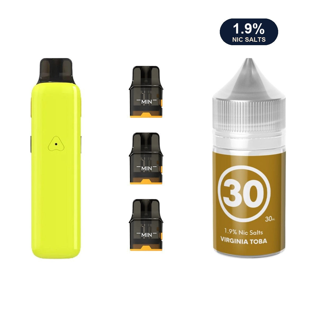 AirsPops Pro II bundle: Glossy Yellow device, refillable pods and 313 Virginia Toba 1.9% e-liquid