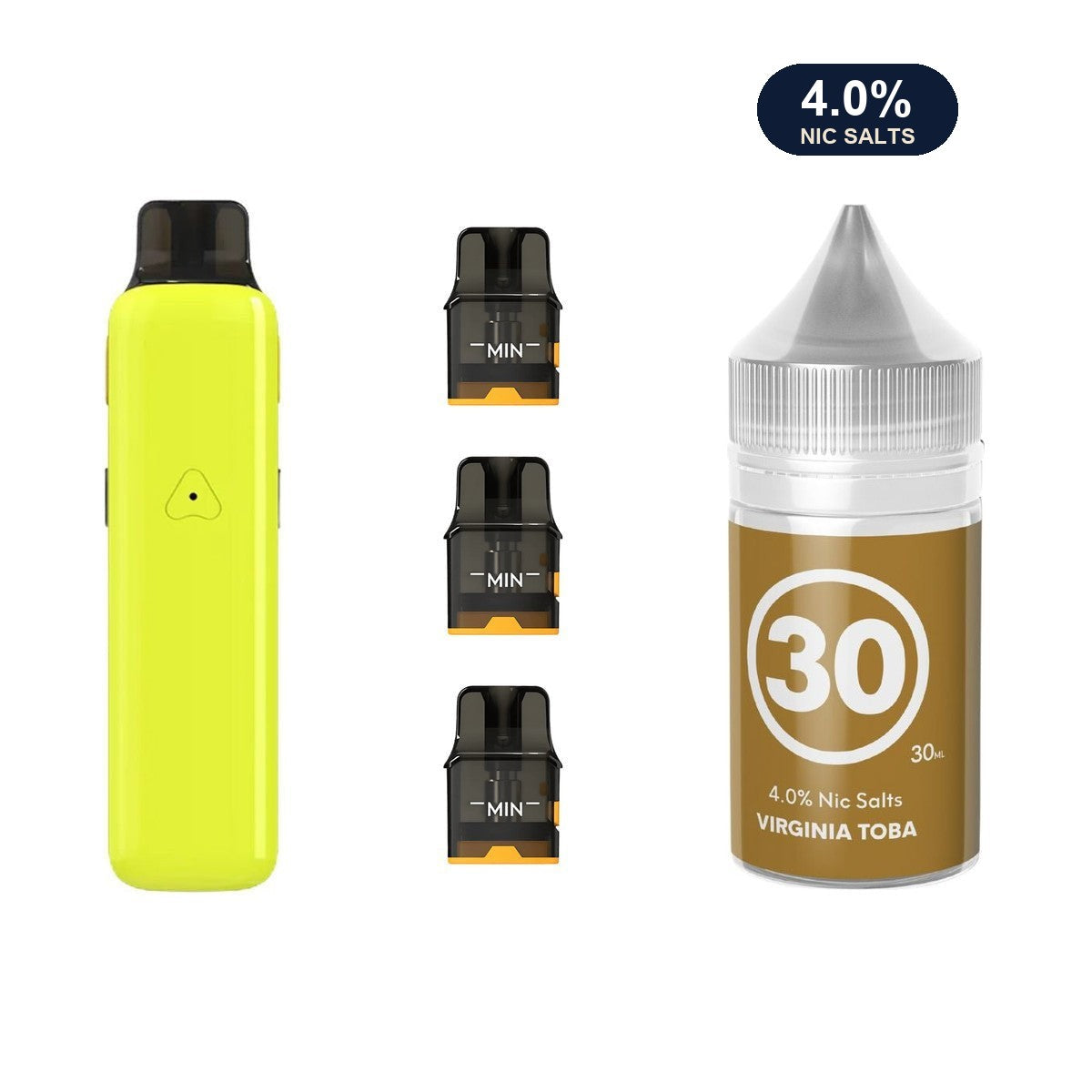 AirsPops Pro II bundle: Glossy Yellow device, refillable pods and 313 Virginia Toba e-liquid