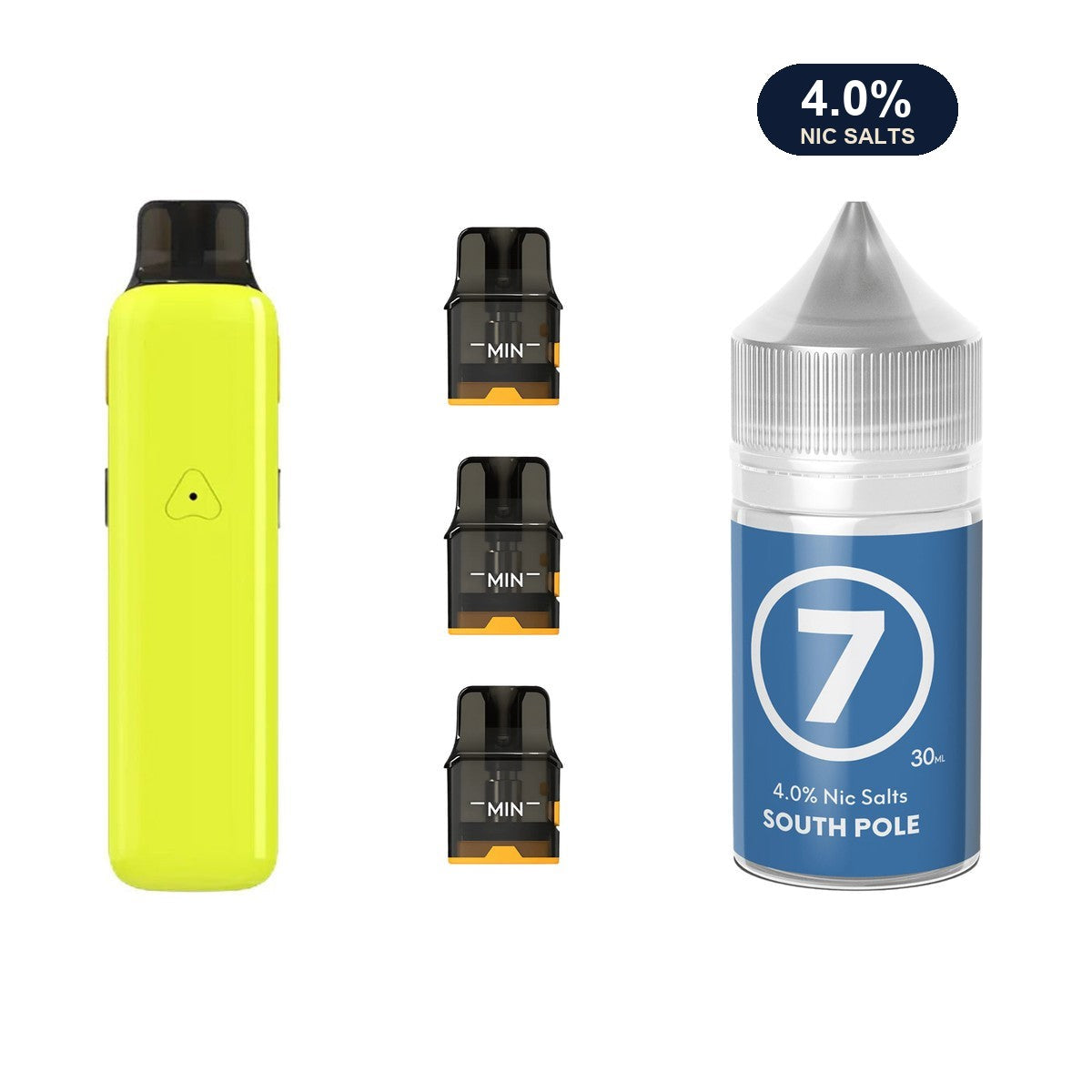Glossy Yellow AirsPops Pro II device, three refillable pods and 313 #7 South Pole e-liquid