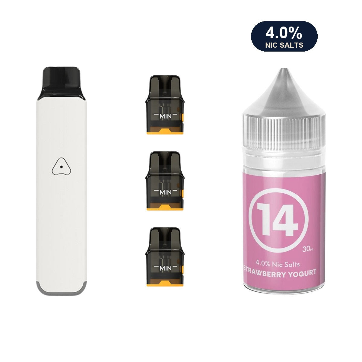 Ivory White AirsPops Pro LITE device, three refillable pods and 313 #14 Strawberry Yoghurt e-liquid