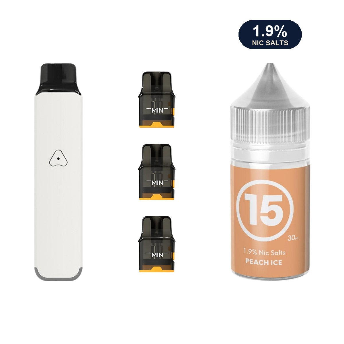 AirsPops Pro LITE bundle: Ivory White device, refillable pods and 313 Peach Ice 1.9% e-liquid