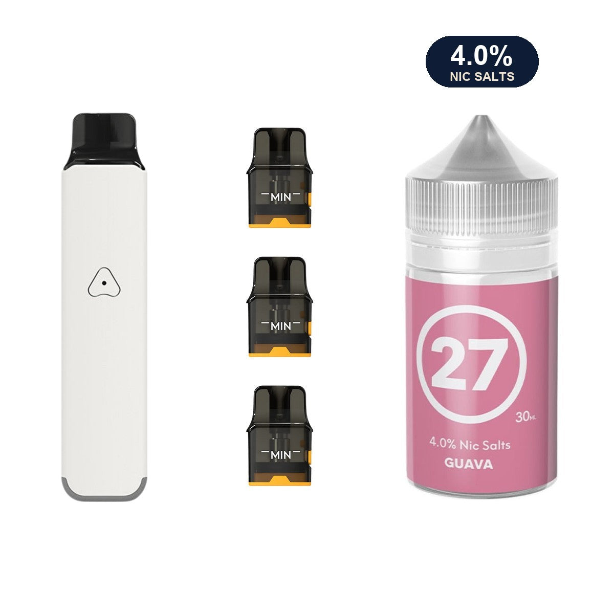 Ivory White AirsPops Pro LITE device, three refillable pods and 313 #27 Guava e-liquid