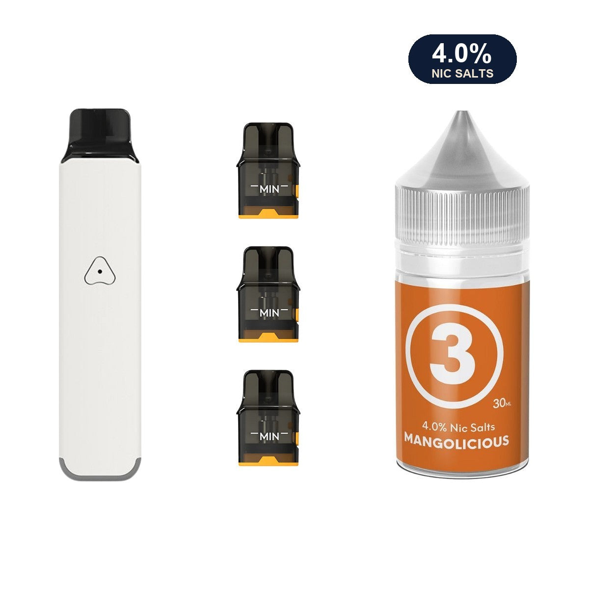 Ivory White AirsPops Pro LITE device, three refillable pods and 313 #3 Mangolicious e-liquid