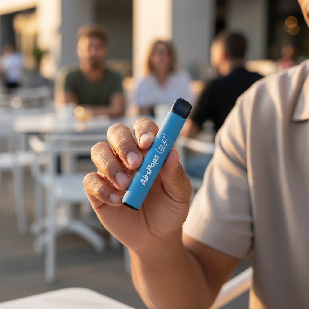 Person holding a Blueberry Sangria AirsPops ONE USE 3ml product with people in the background