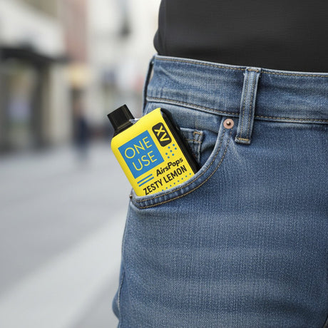In a pocket Zesty Lemon Airscream AirsPops ONE USE XV 15ml Disposable Vape - 5% | Airscream AirsPops | Shop Buy Online | Cape Town, Joburg, Durban, South Africa