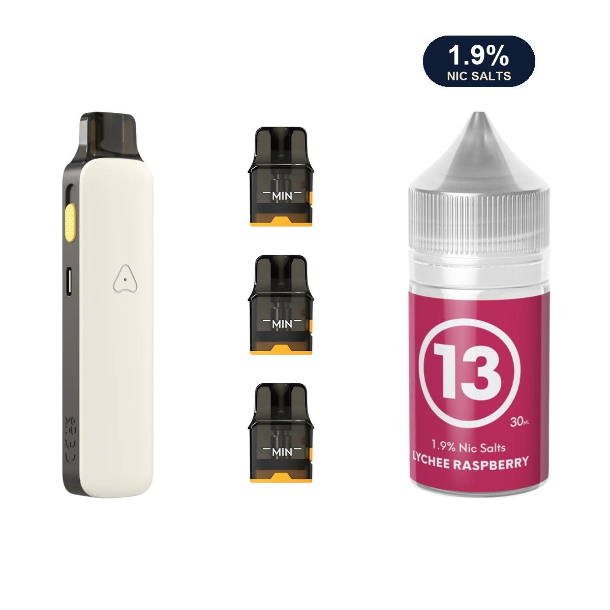 AirsPops Pro II bundle: Matte White device, refillable pods and 313 Lychee Raspberry 1.9% e-liquid