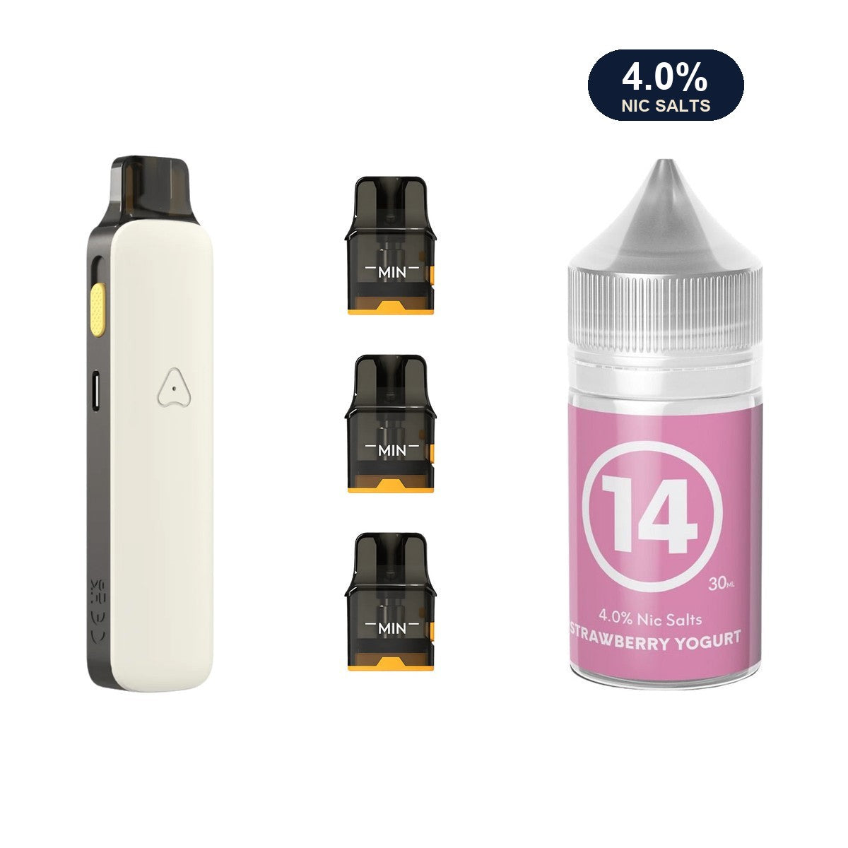 AirsPops Pro II bundle: Matte White device, refillable pods and 313 Strawberry Yoghurt e-liquid