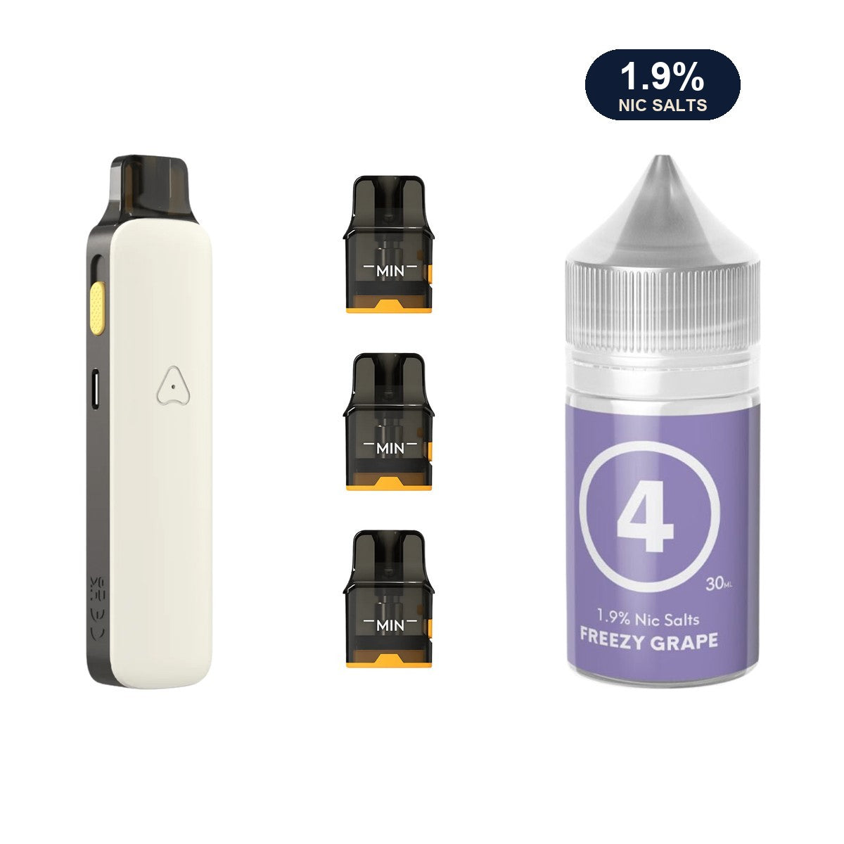 AirsPops Pro II bundle: Matte White device, refillable pods and 313 Freezy Grape 1.9% e-liquid