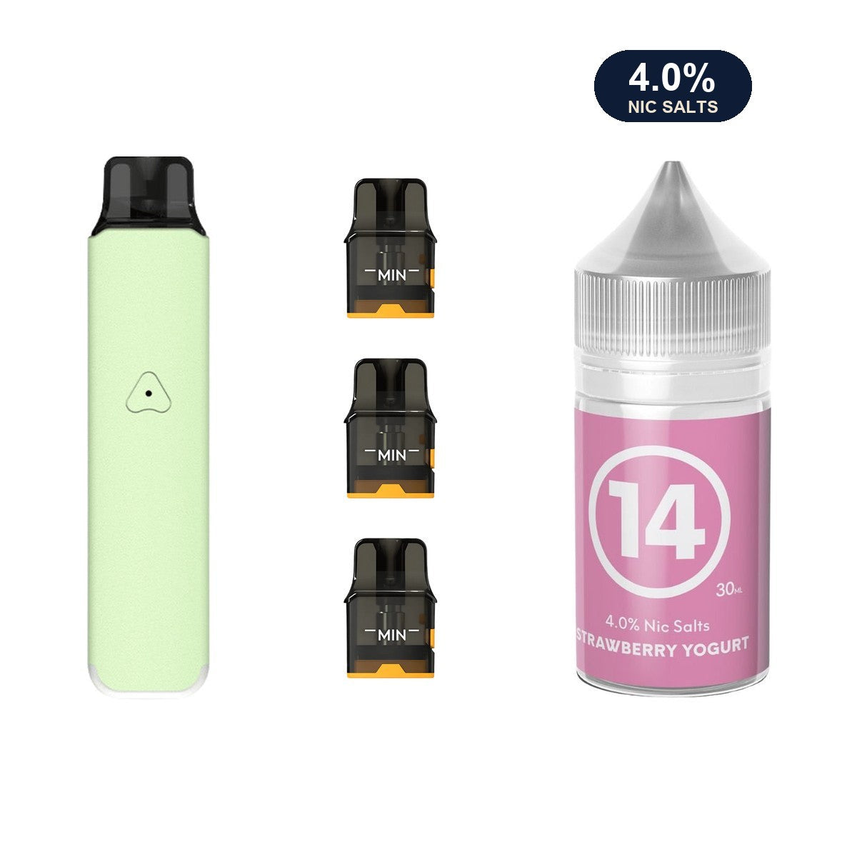 Mint Green AirsPops Pro LITE device, three refillable pods and 313 #14 Strawberry Yoghurt e-liquid