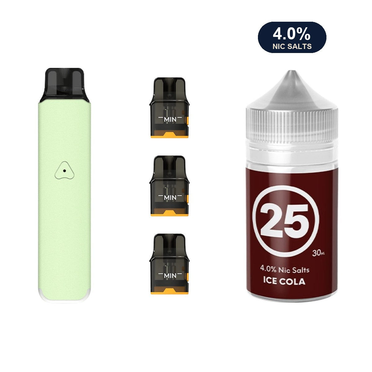Mint Green AirsPops Pro LITE device, three refillable pods and 313 #25 Ice Cola e-liquid