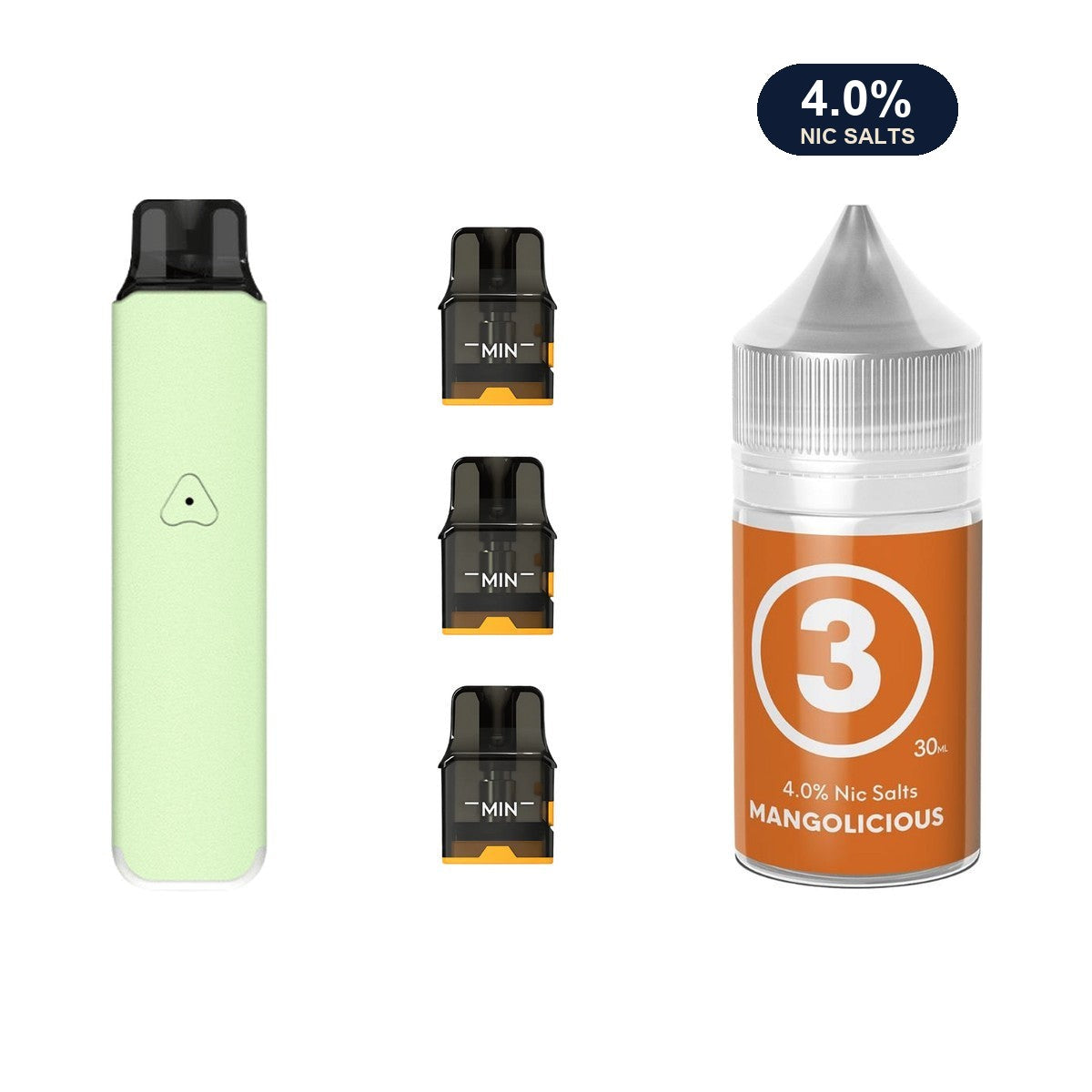 Mint Green AirsPops Pro LITE device, three refillable pods and 313 #3 Mangolicious e-liquid