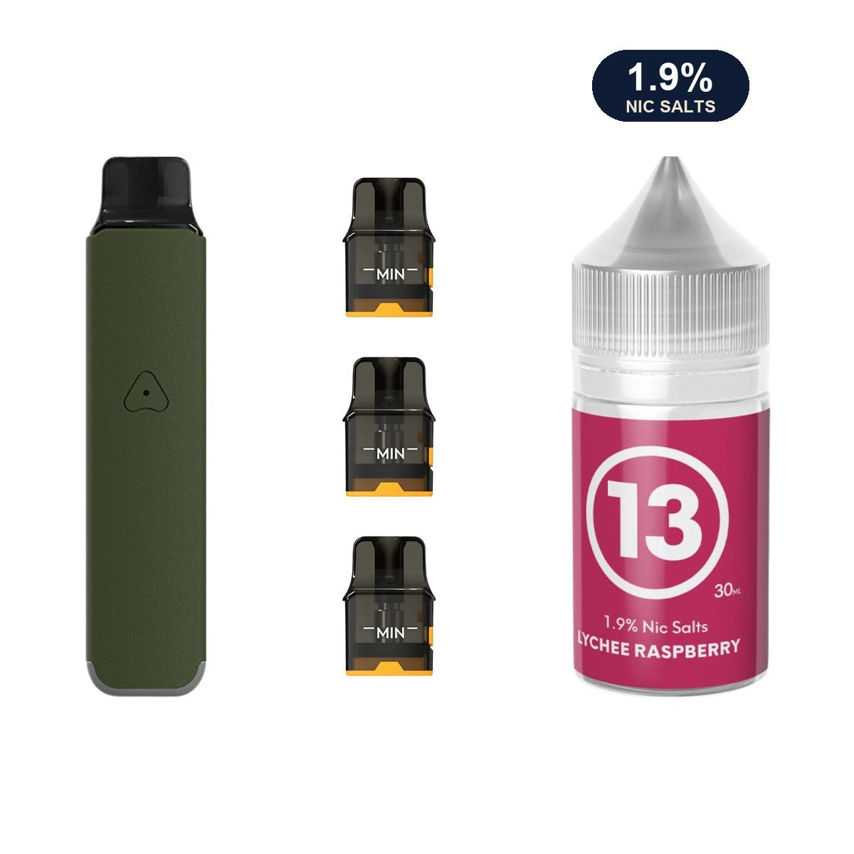 AirsPops Pro LITE bundle: Ranger Green device, refillable pods and 313 Lychee Raspberry 1.9% e-liquid