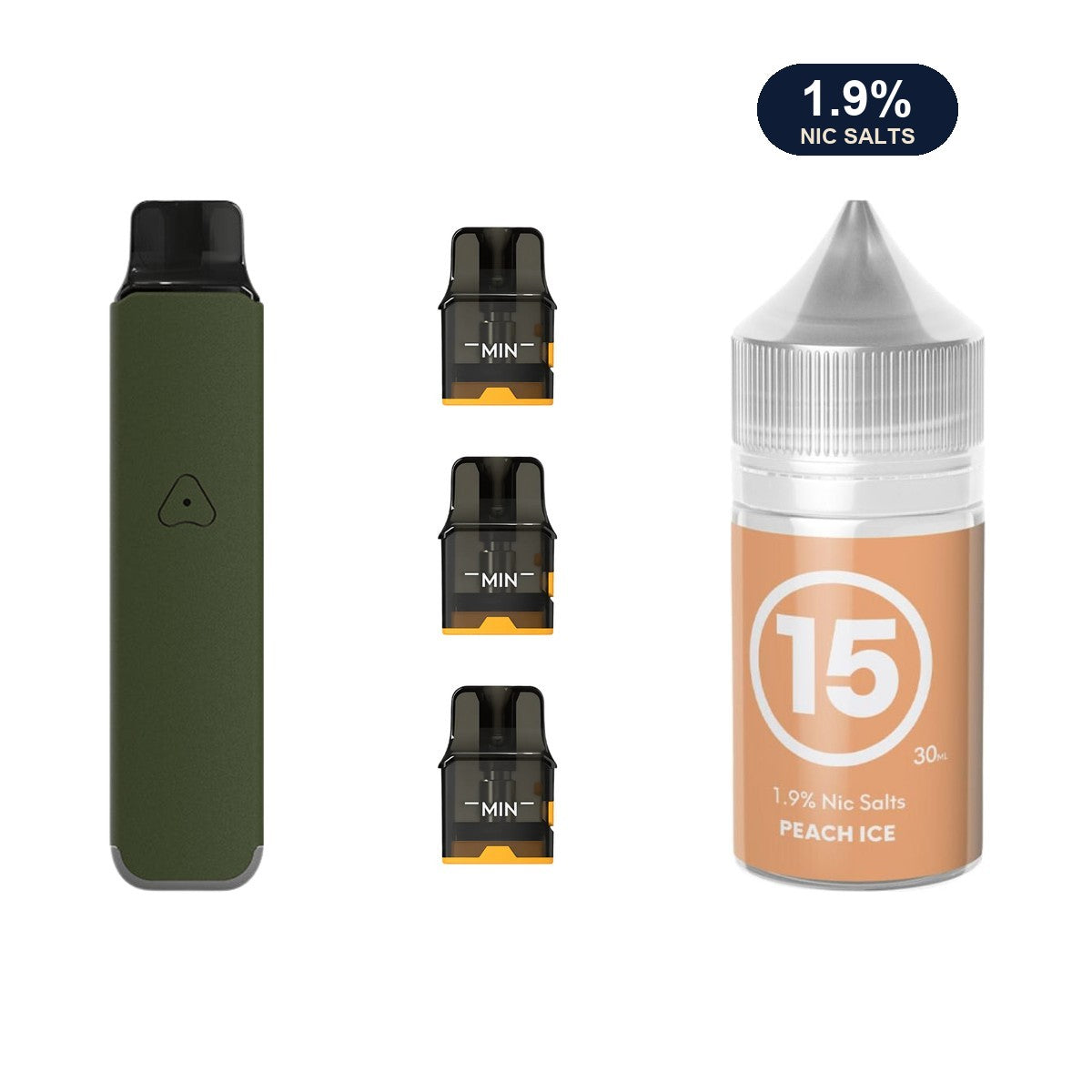 AirsPops Pro LITE bundle: Ranger Green device, refillable pods and 313 Peach Ice 1.9% e-liquid
