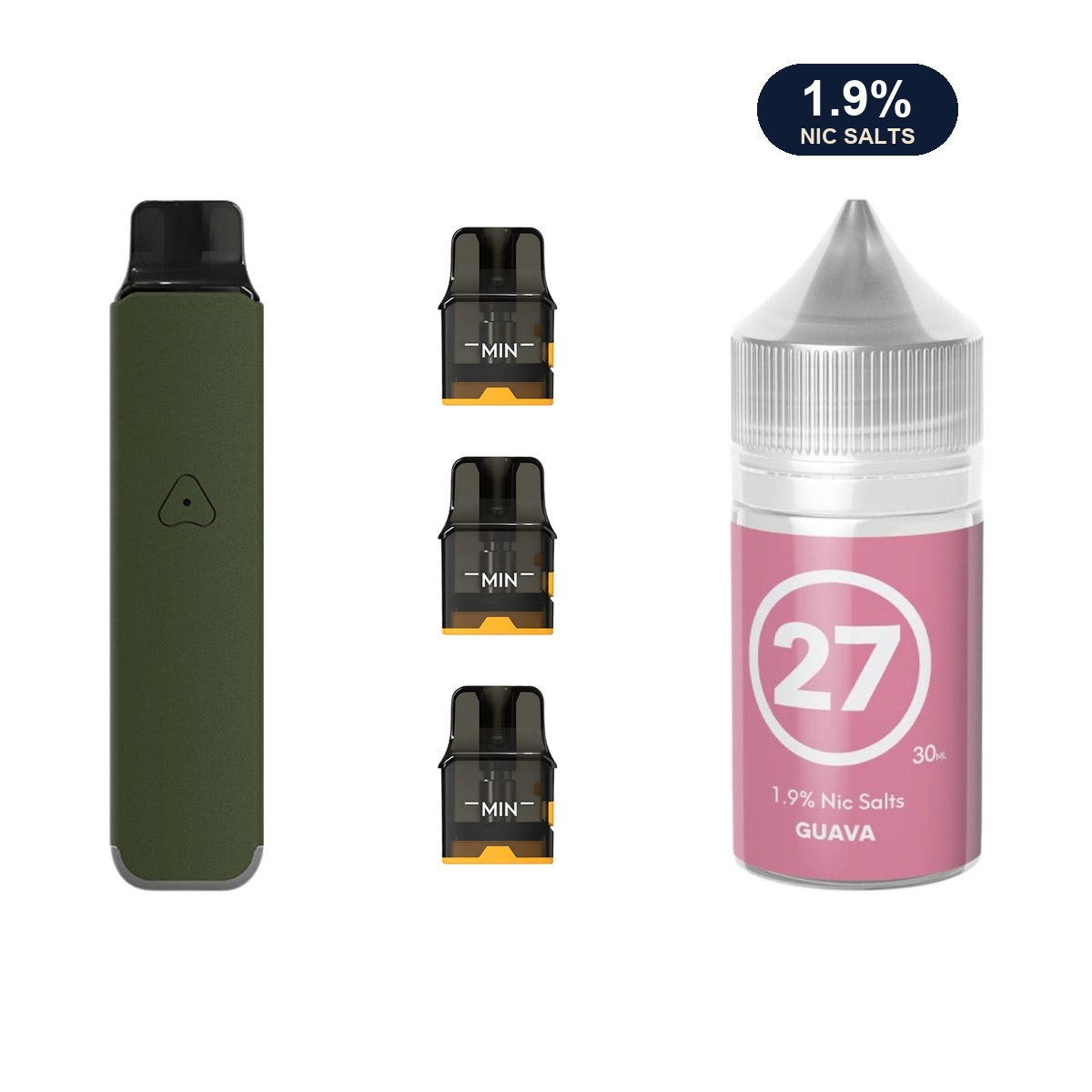 AirsPops Pro LITE bundle: Ranger Green device, refillable pods and 313 Guava 1.9% e-liquid