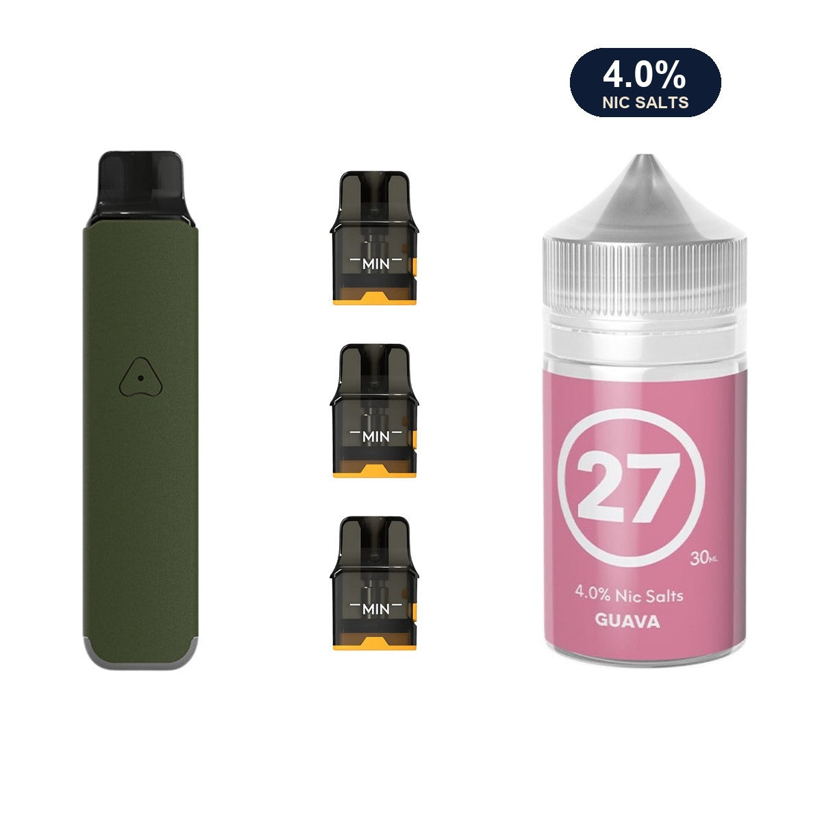 Ranger Green AirsPops Pro LITE device, three refillable pods and 313 #27 Guava e-liquid