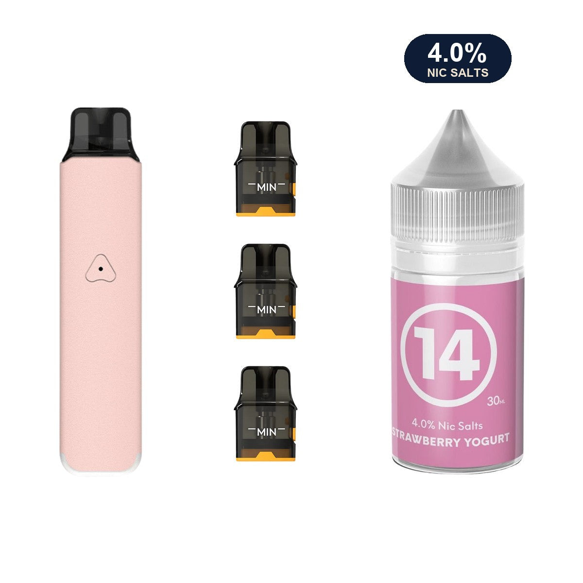 Rosy Pink AirsPops Pro LITE device, three refillable pods and 313 #14 Strawberry Yoghurt e-liquid