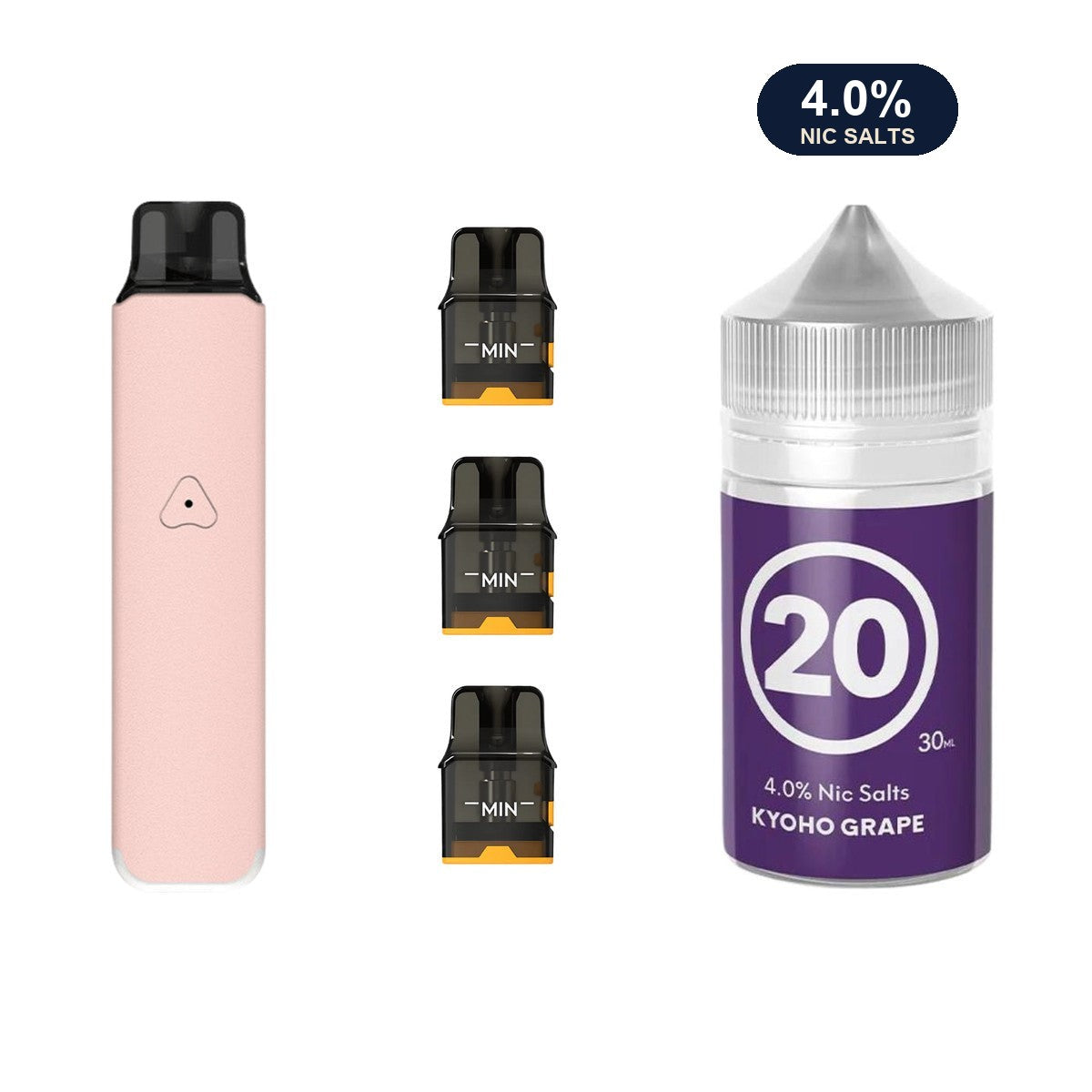Rosy Pink AirsPops Pro LITE device, three refillable pods and 313 #20 Kyoho Grape e-liquid