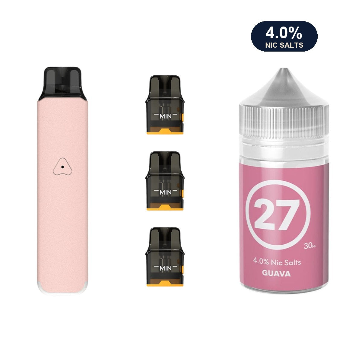 Rosy Pink AirsPops Pro LITE device, three refillable pods and 313 #27 Guava e-liquid
