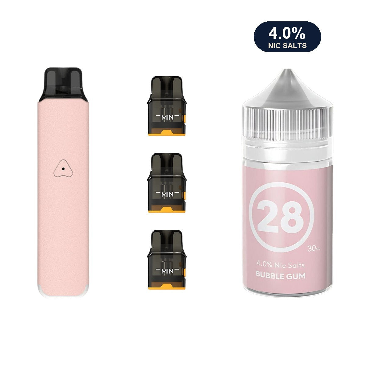 Rosy Pink AirsPops Pro LITE device, three refillable pods and 313 #28 Bubblegum e-liquid