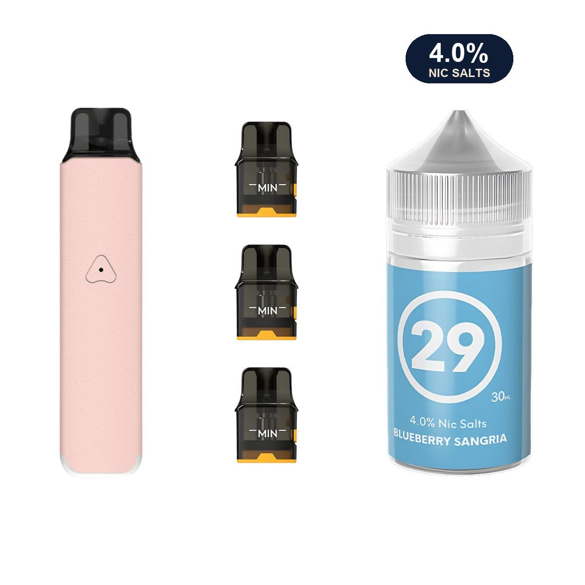 Rosy Pink AirsPops Pro LITE device, three refillable pods and 313 #29 Blueberry Sangria e-liquid