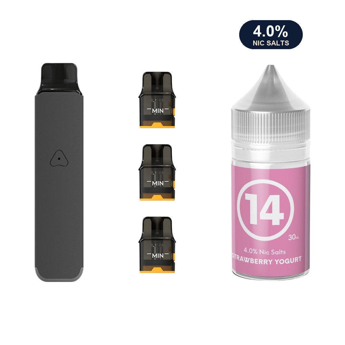 Steel Grey AirsPops Pro LITE device, three refillable pods and 313 #14 Strawberry Yoghurt e-liquid