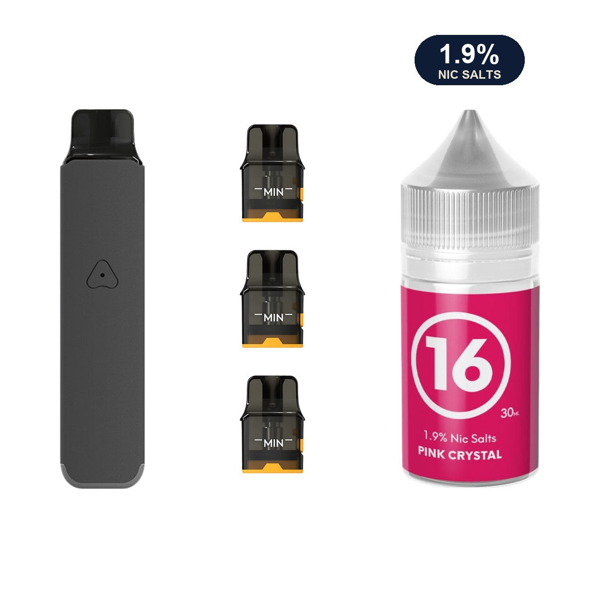 AirsPops Pro LITE bundle: Steel Grey device, refillable pods and 313 Pink Crystal 1.9% e-liquid