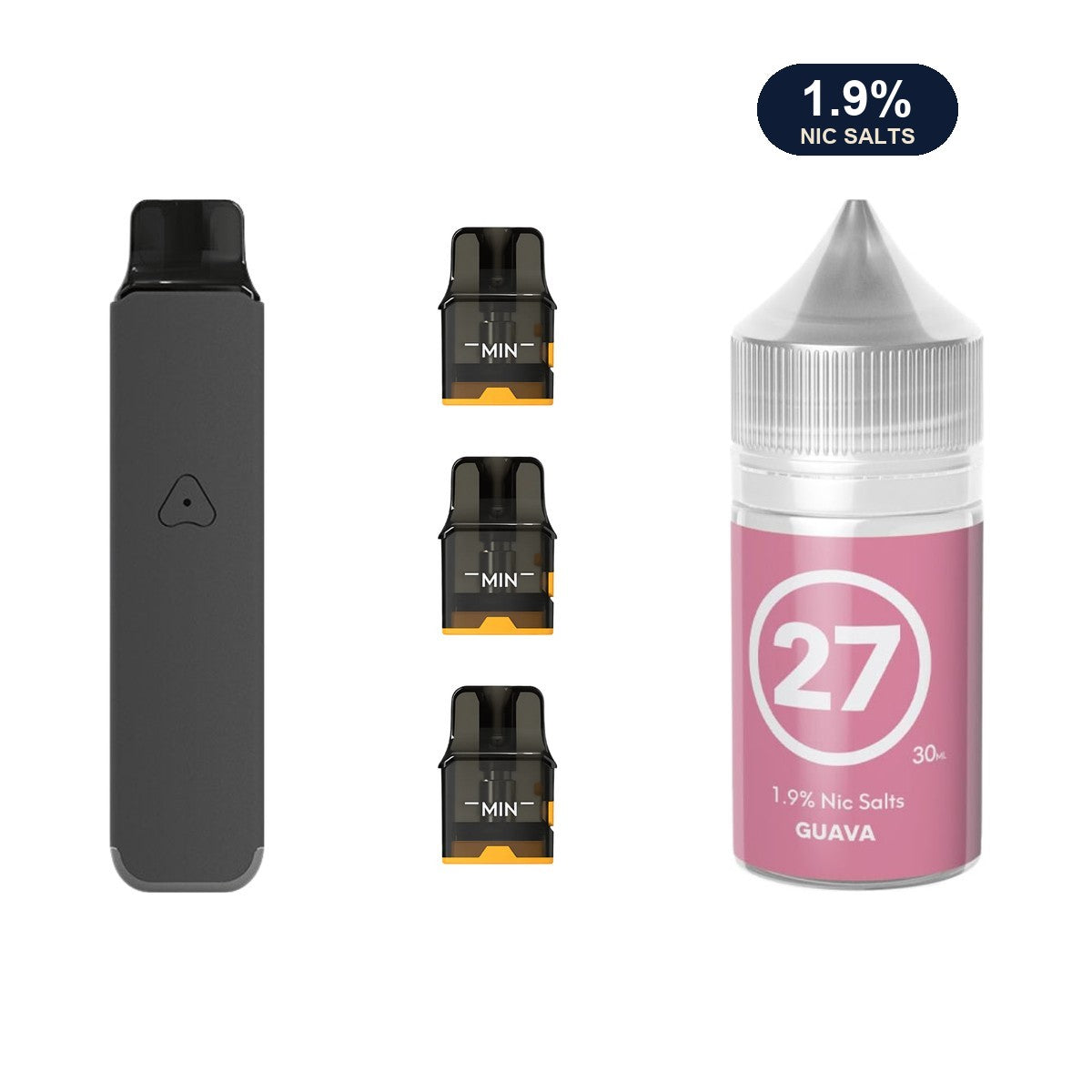 AirsPops Pro LITE bundle: Steel Grey device, refillable pods and 313 Guava 1.9% e-liquid