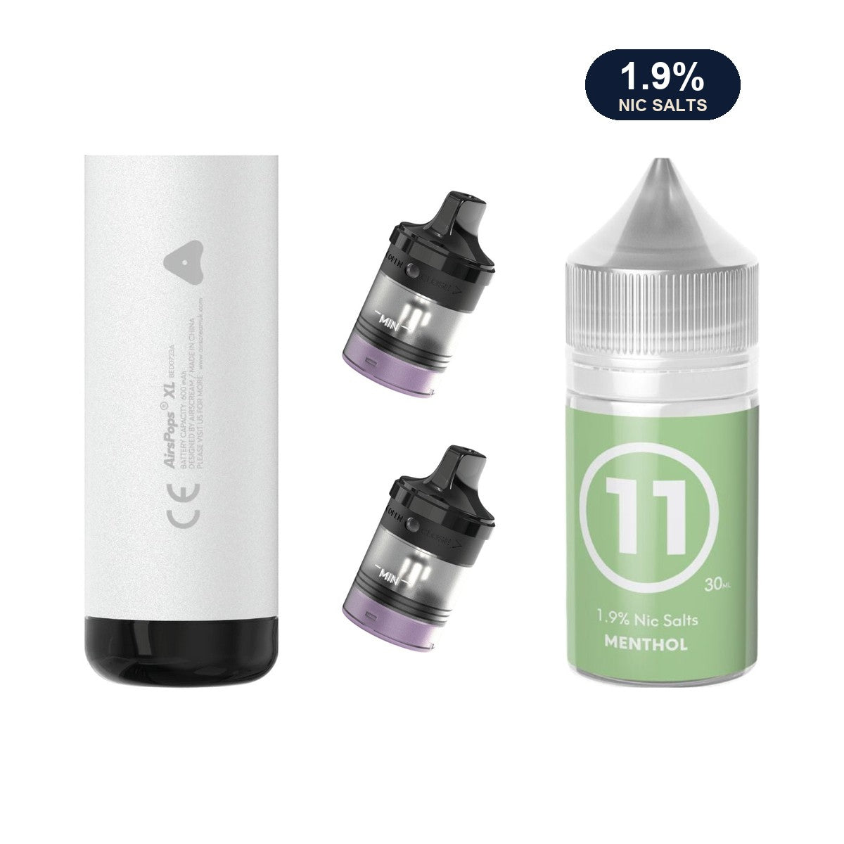 AirsPops XL refill bundle: Storm Grey device, two refillable pods and 313 Menthol 1.9% e-liquid