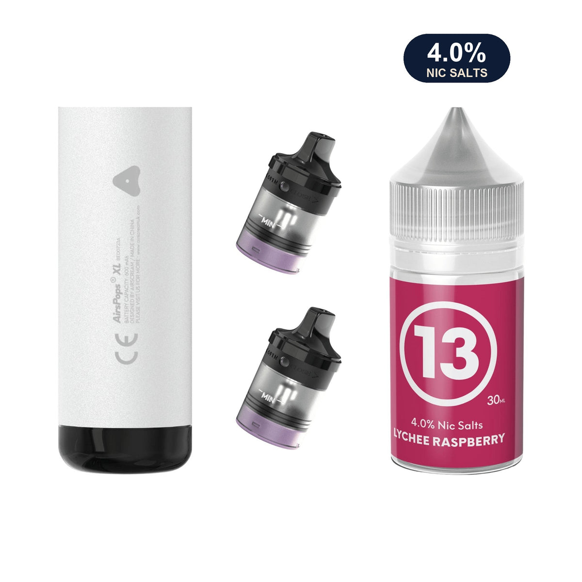Storm Grey AirsPops XL device, two refillable pods and 313 #13 Lychee Raspberry e-liquid