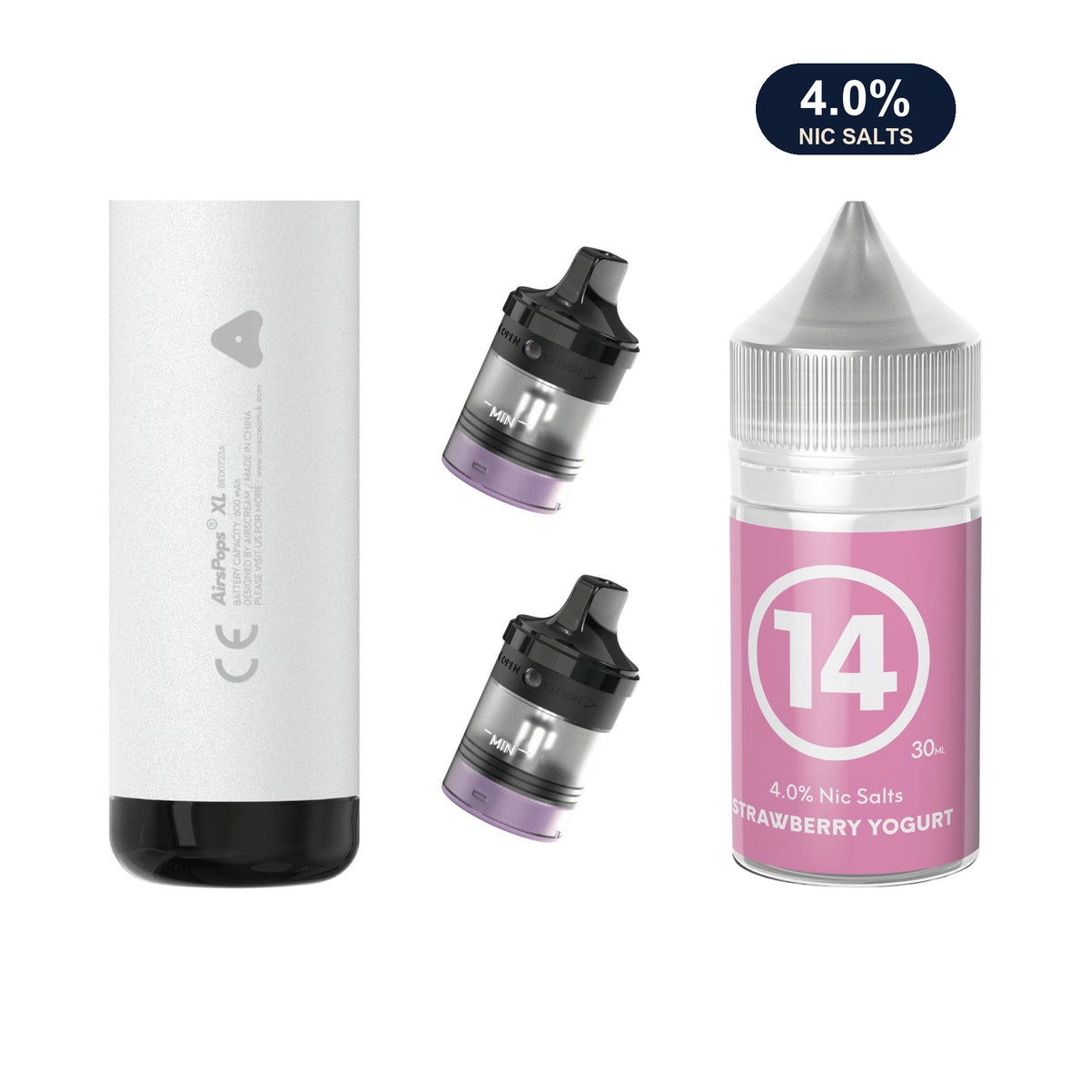 Storm Grey AirsPops XL device, two refillable pods and 313 #14 Strawberry Yoghurt e-liquid