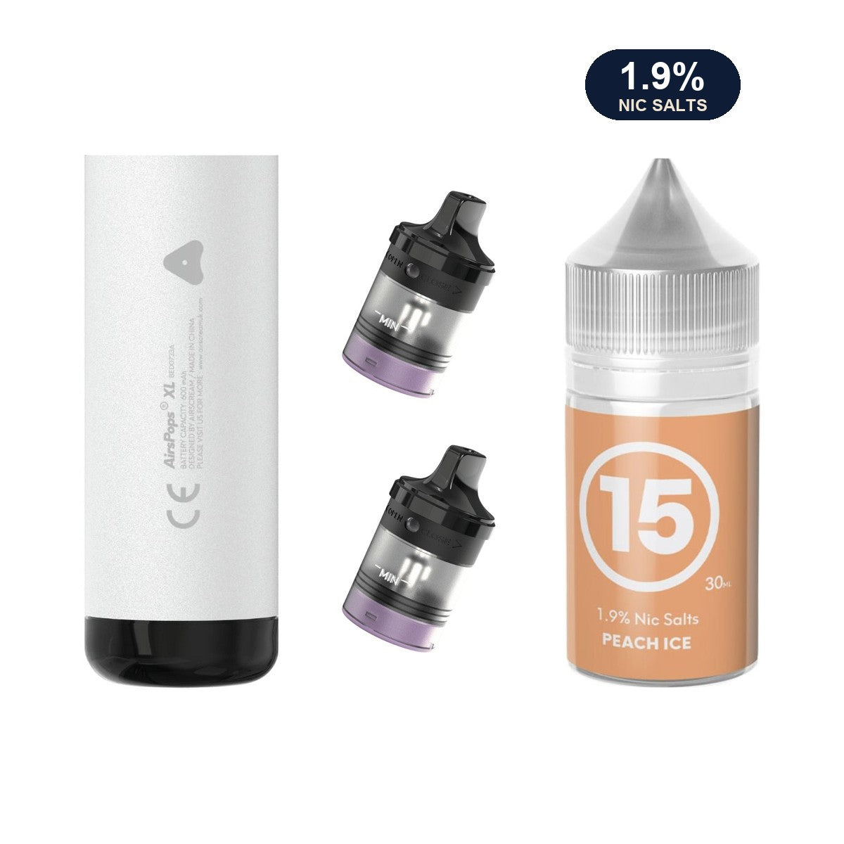 AirsPops XL refill bundle: Storm Grey device, two refillable pods and 313 Peach Ice 1.9% e-liquid
