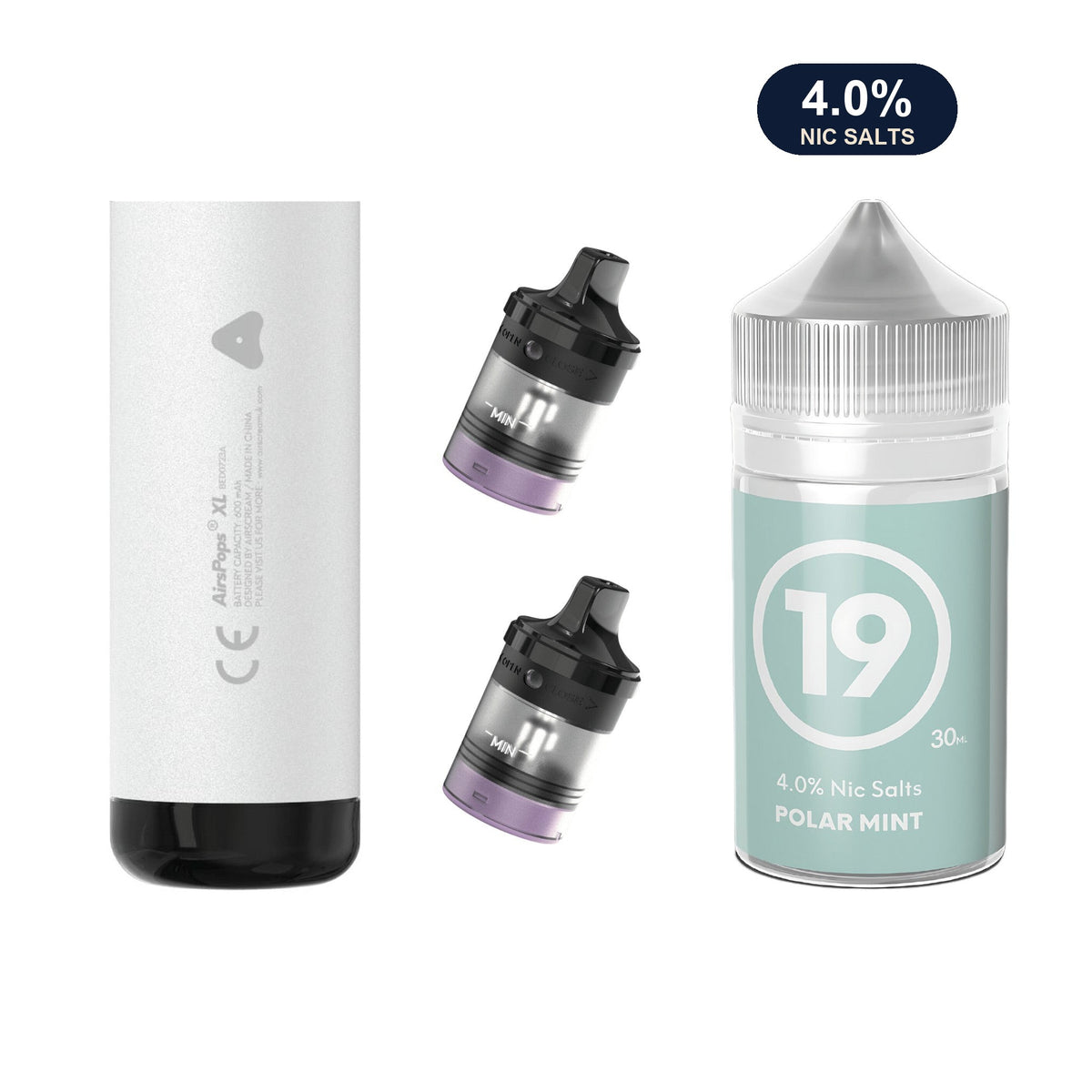 Storm Grey AirsPops XL device, two refillable pods and 313 #19 Polar Mint e-liquid