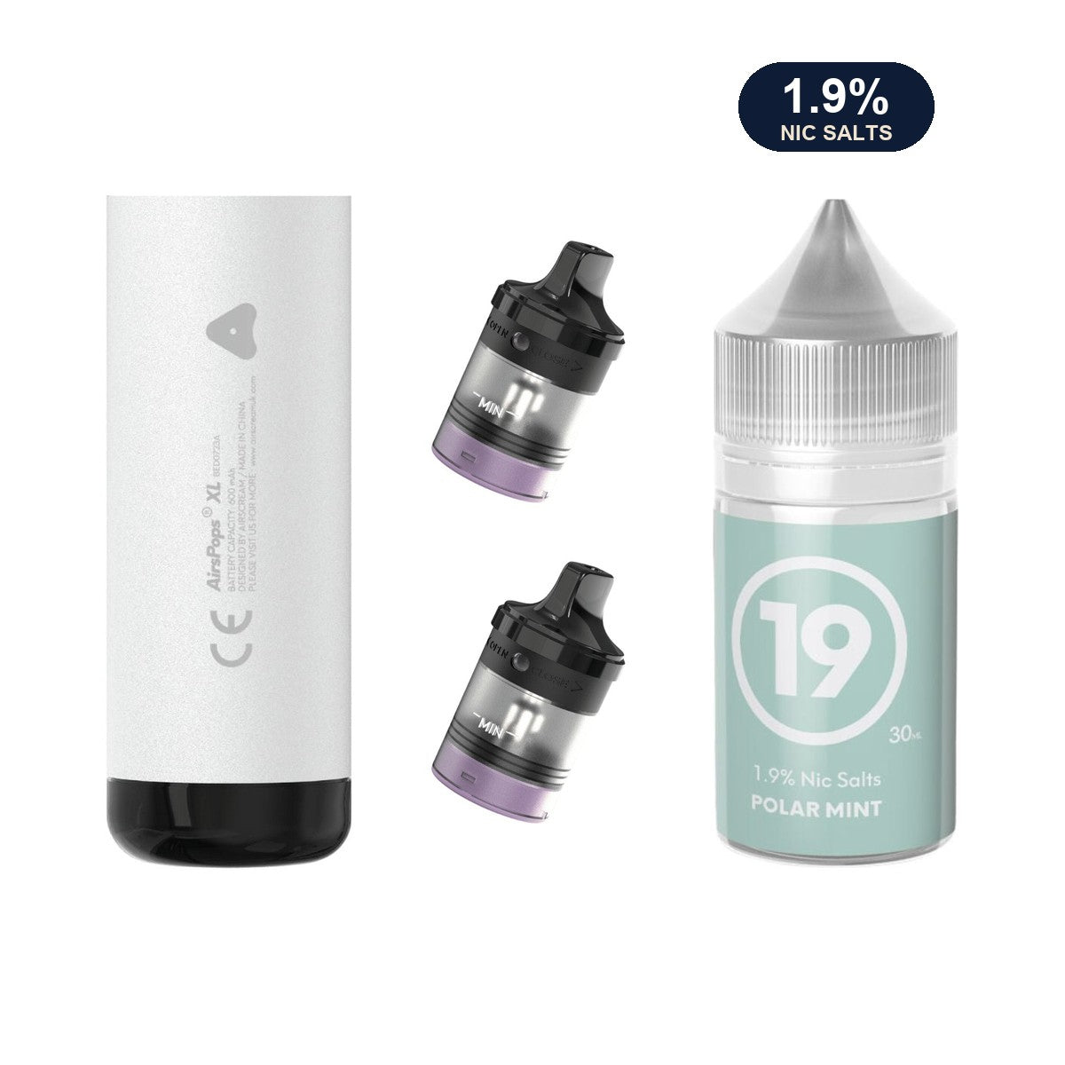 AirsPops XL refill bundle: Storm Grey device, two refillable pods and 313 Polar Mint 1.9% e-liquid